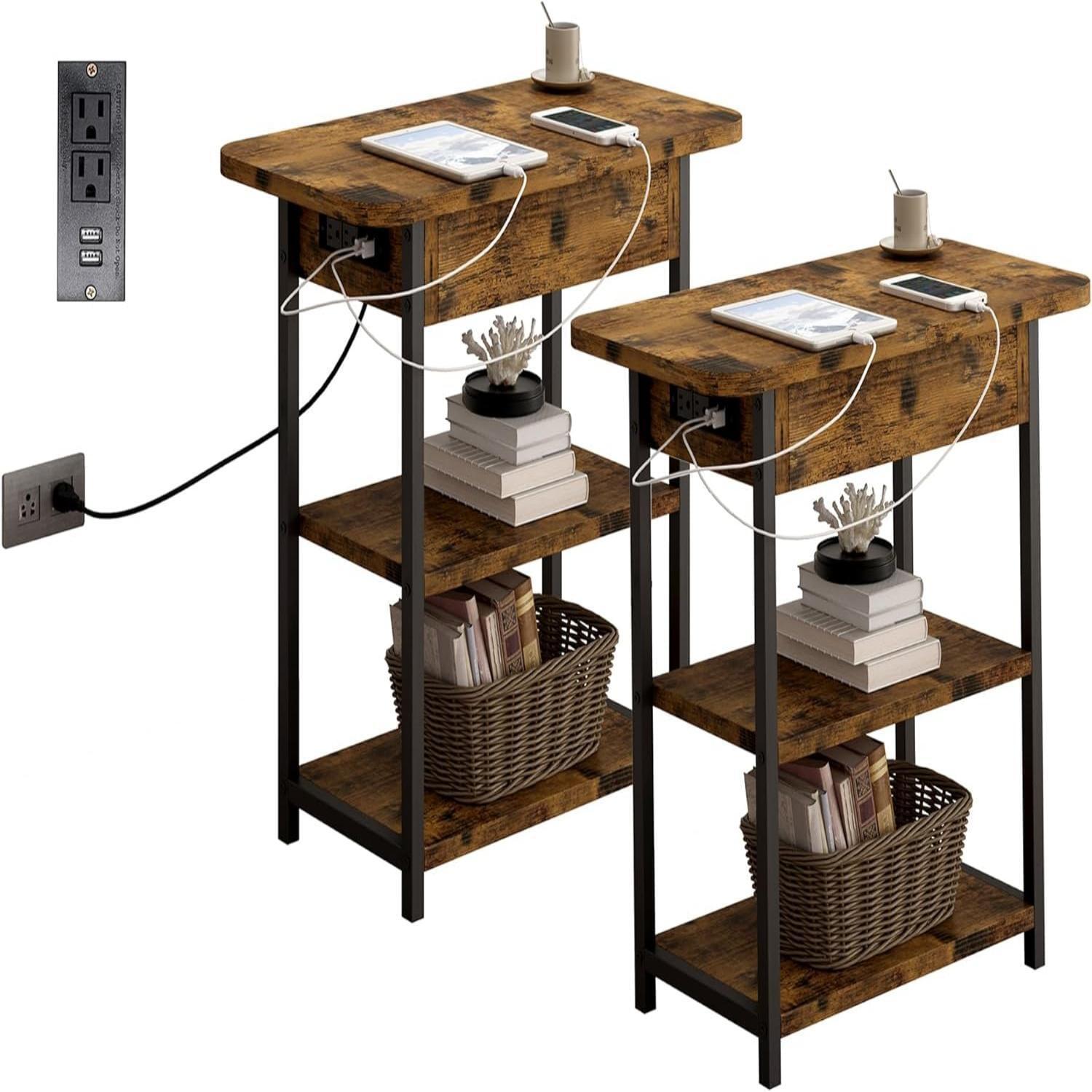 Rustic Brown End Table Set with Built-In Charging Station, Sofa/Couch Table with USB Ports and Outlets, Flip Top Nightstand