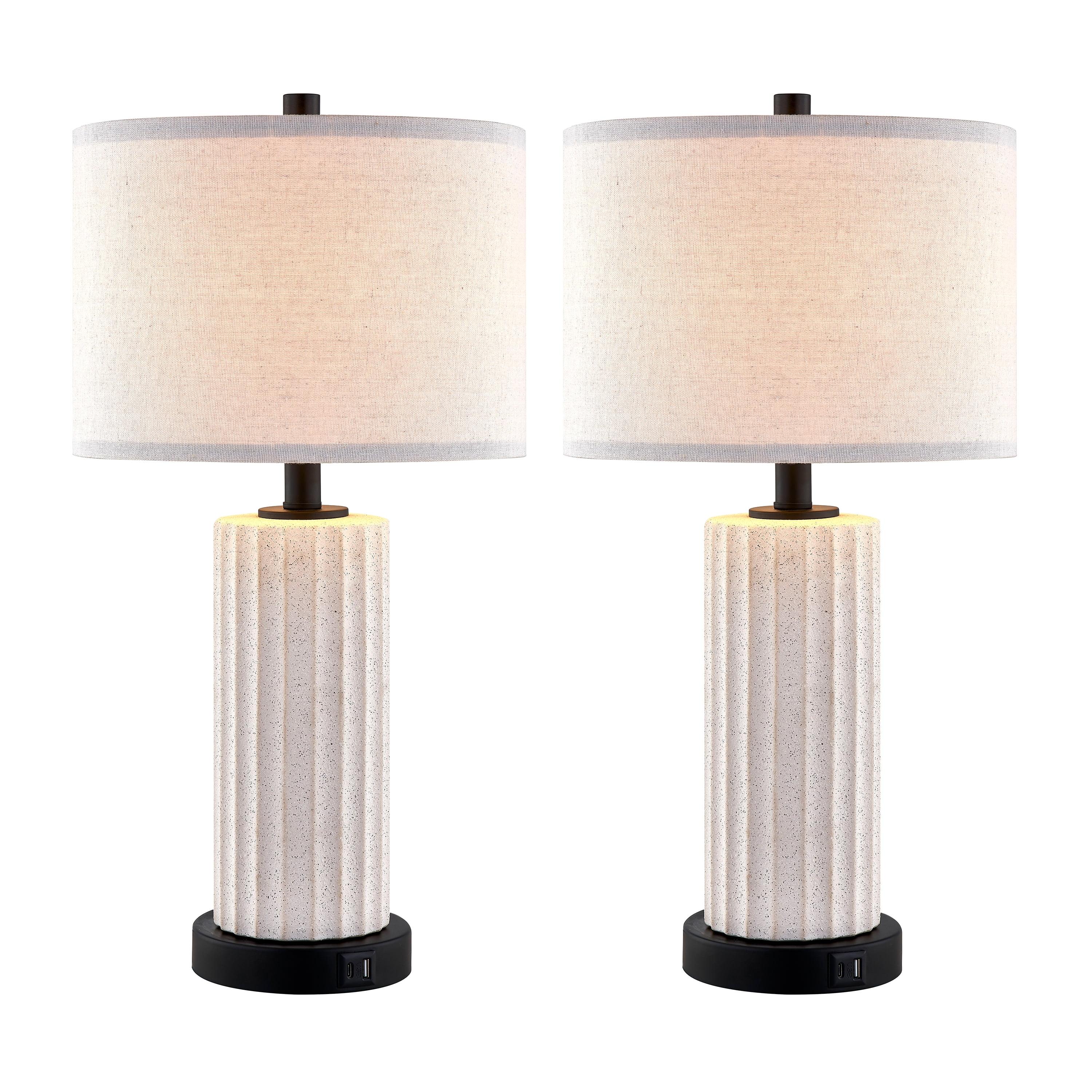 White Ceramic 3-Way Touch Table Lamp Set with USB Ports