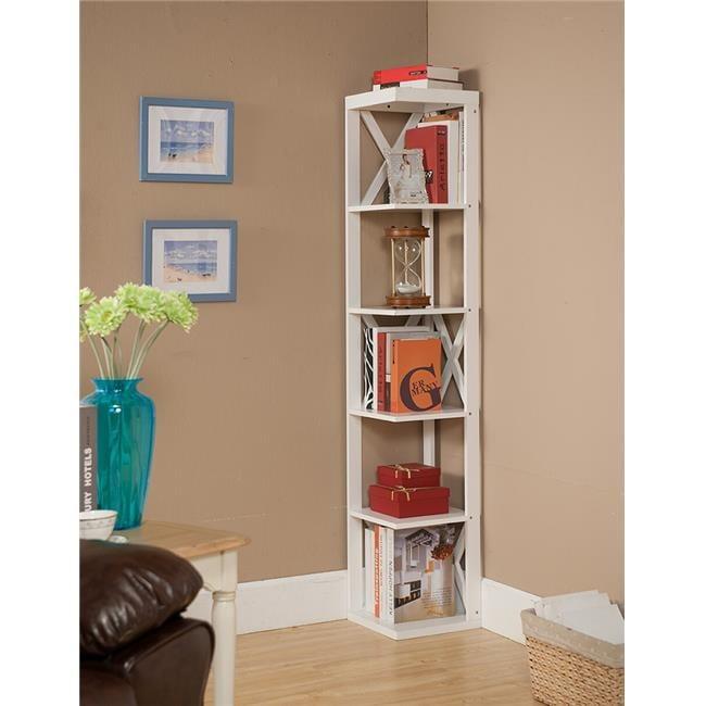 White Wood 65-Inch Corner Bookcase with Crisscross Design