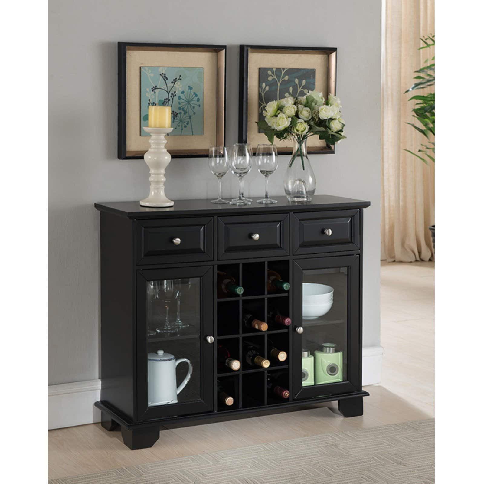 Black Wood Sideboard Cabinet with Wine Storage and Glass Doors