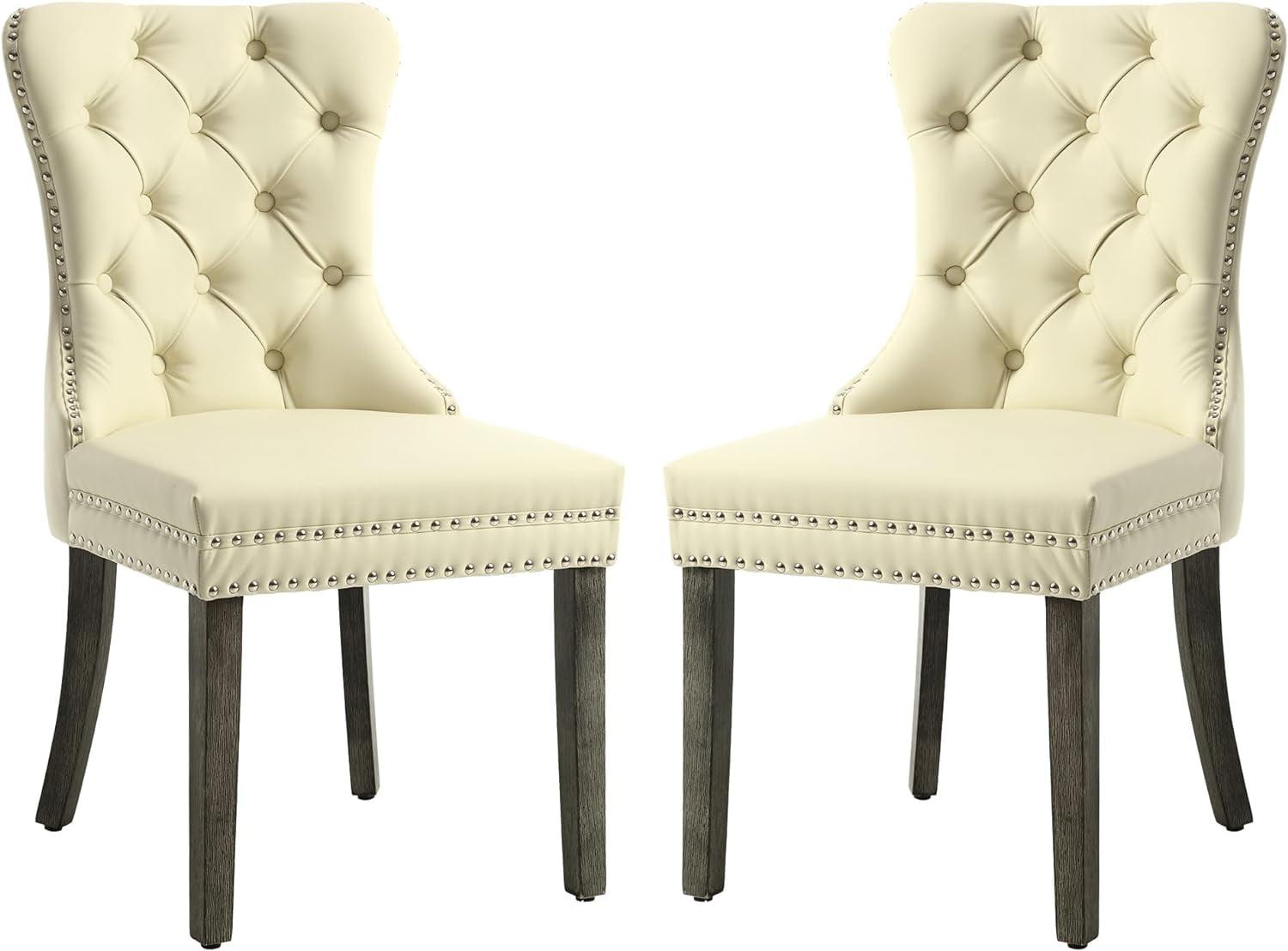 Beige Tufted Upholstered Side Chairs with Wood Legs, Set of 2