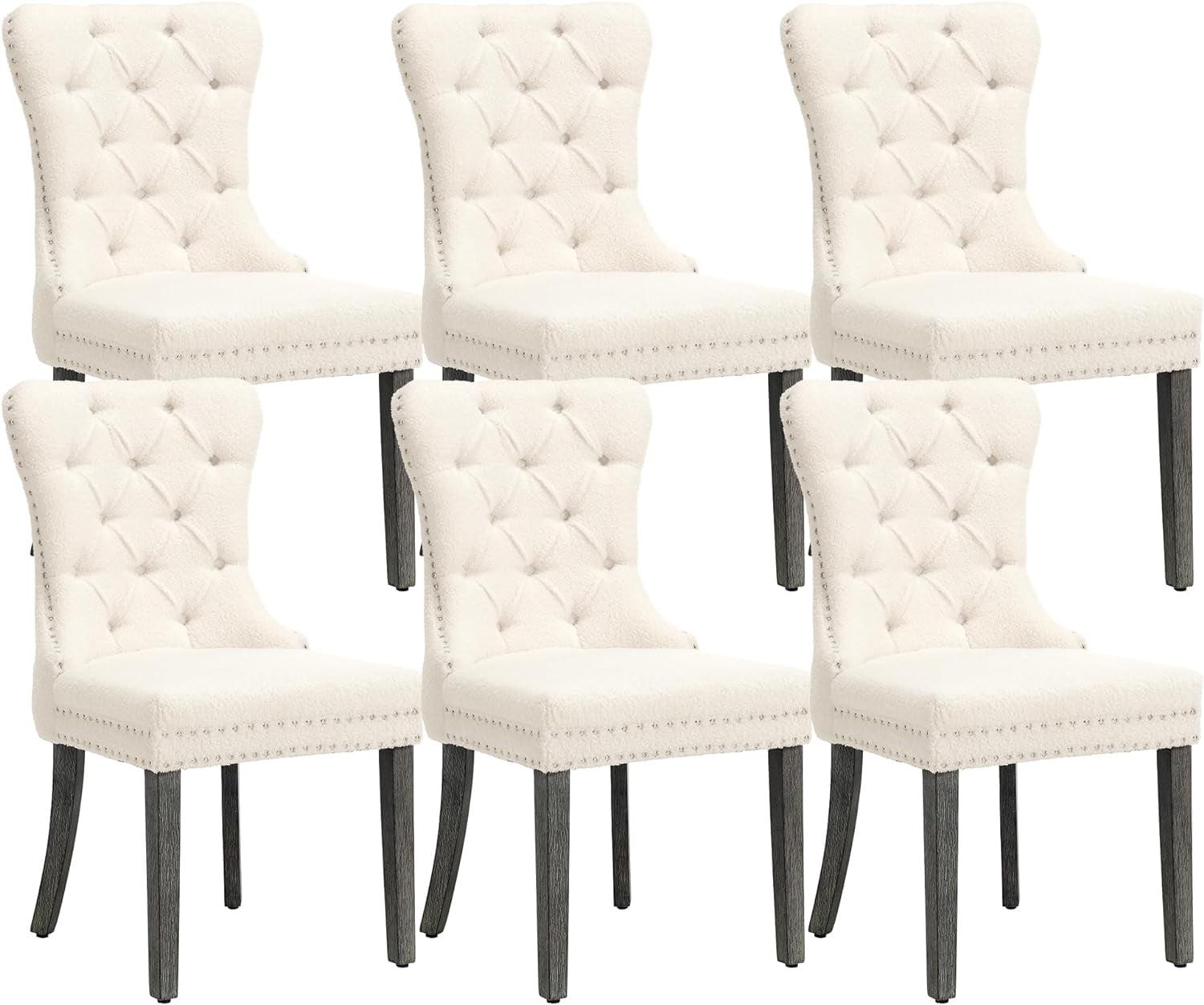 ODUSE-DAILY Velvet Dining Chairs Set of 6, Kitchen & Dining Room Chairs, Nailheads Tufted Chair, Sillas De Comedor, Two-Tone Fabric Upholstered, Wood Legs (Beige & Patterned, 6 Pcs)