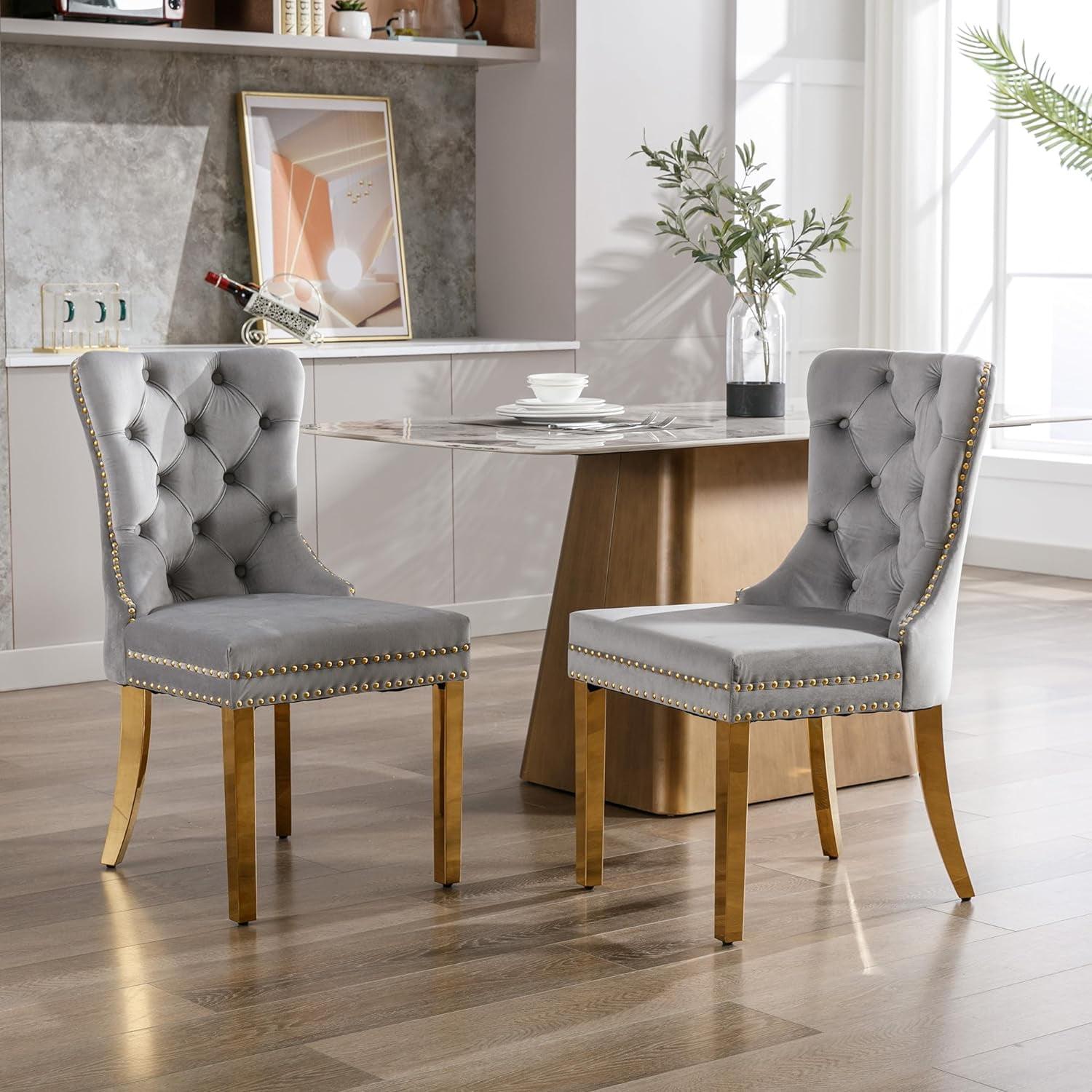 Gray Velvet Tufted Dining Chairs with Gold Metal Legs, Set of 2