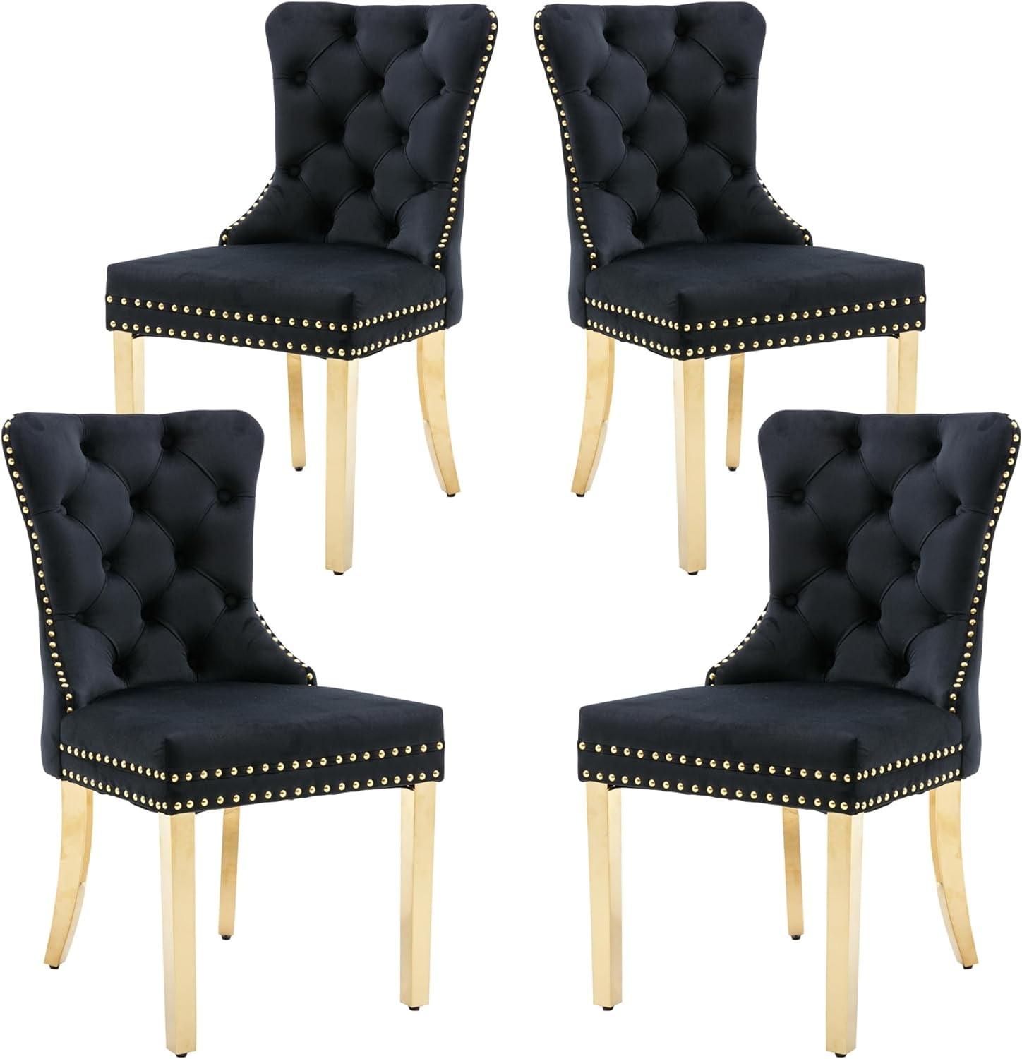 ODUSE-DAILY Black Velvet Dining Chairs Set of 4, Kitchen & Dining Room Chairs, Nailheads Tufted, Sillas De Comedor, Fabric Upholstered, Golden Metal Legs (Black, 4 Pcs)