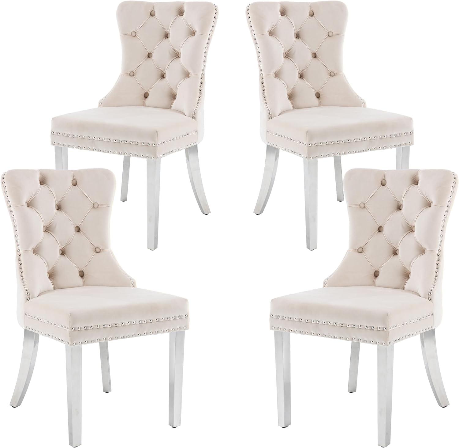 SoarFlash Velvet Dining Chairs Set of 4, Tall Back Side Chair, Modern Upholstered High-end Tufted Side Chair with Button Back Ring, Solid Wood Legs (Beige)