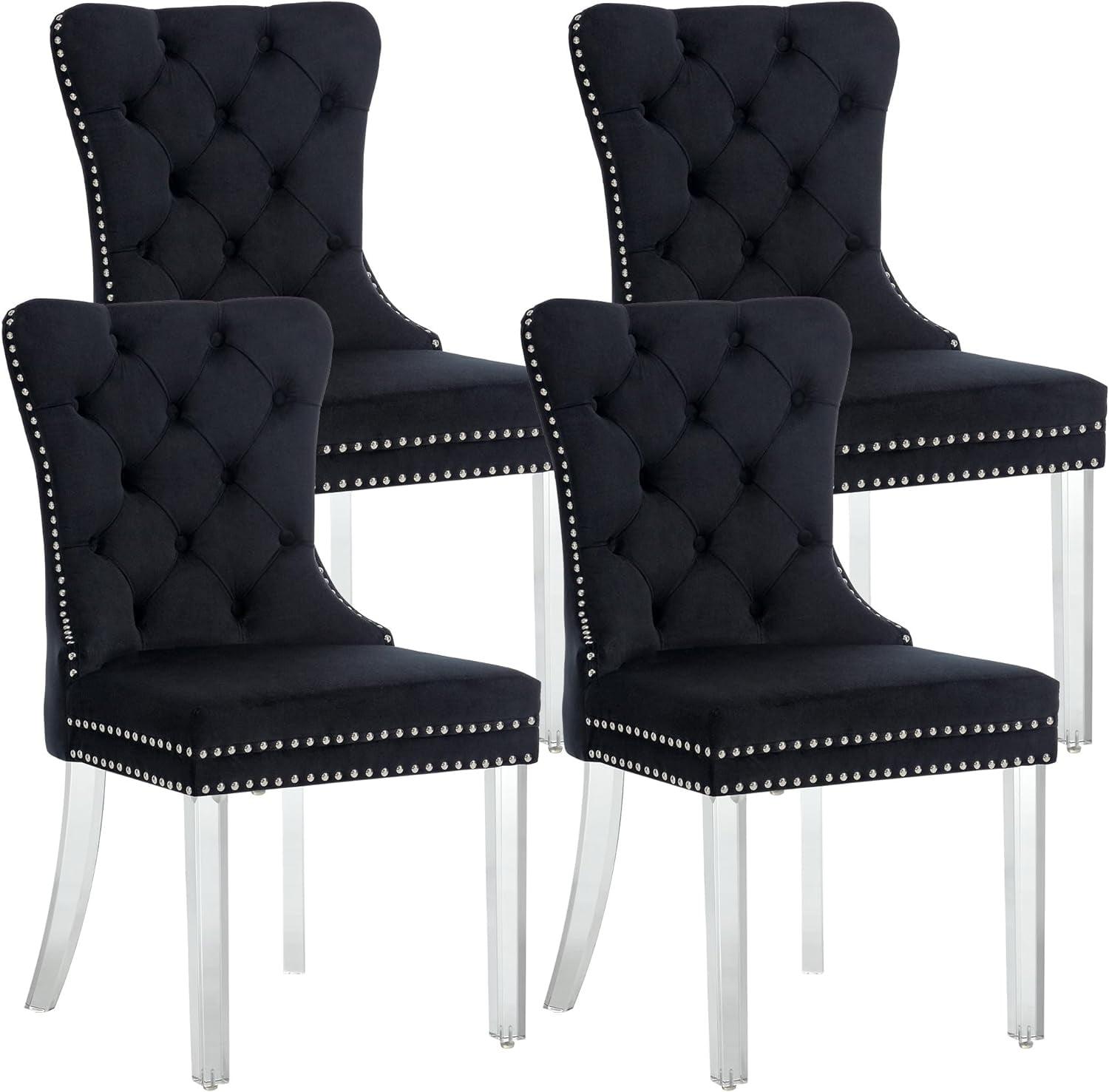 ODUSE-DAILY Black Velvet Dining Chairs Set of 4, Kitchen & Dining Room Chairs, Sillas De Comedor, Nailheads Tufted, Velvet Upholstered, Solid Wood (Black, 4 Pcs)