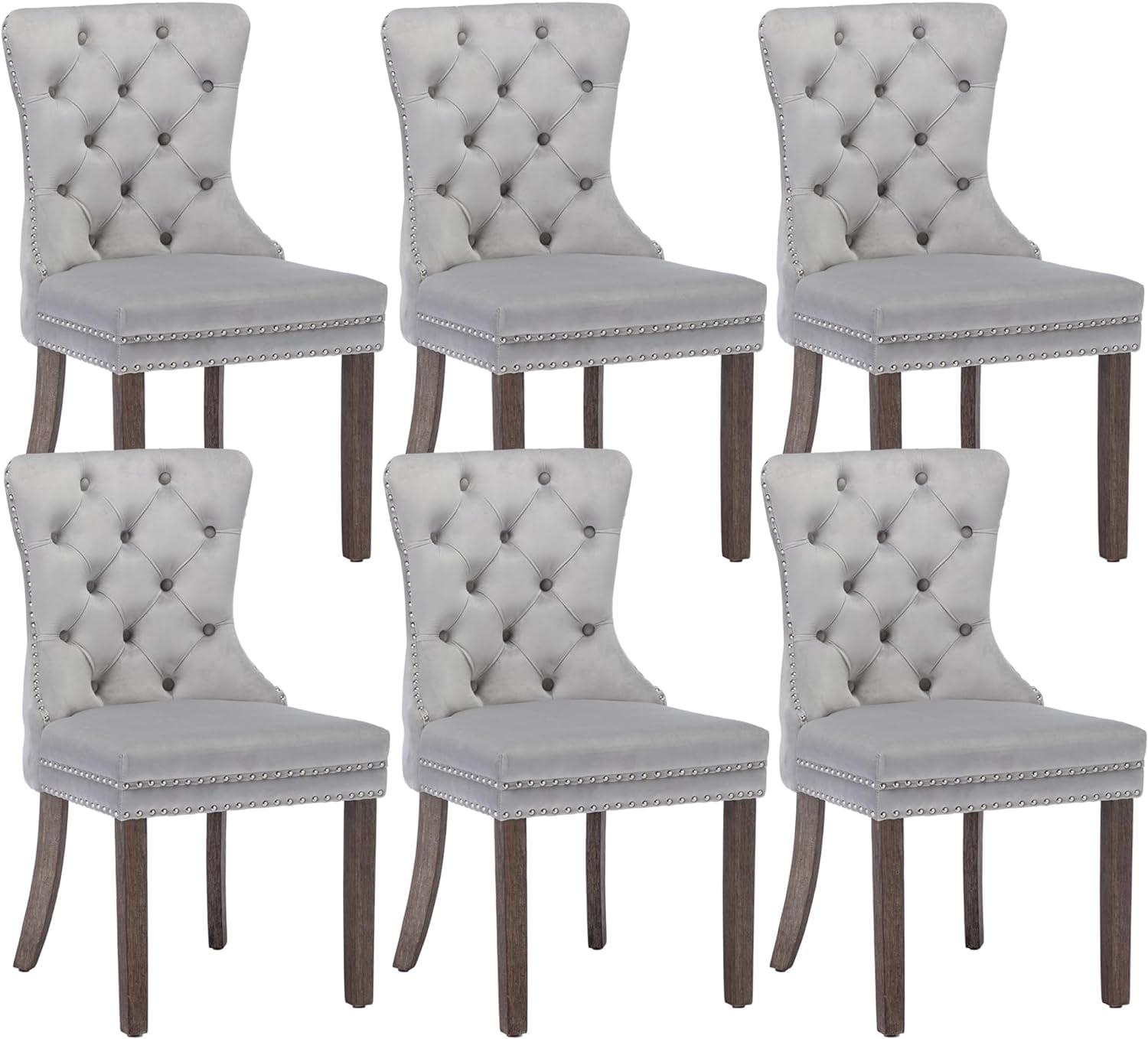 ODUSE-DAILY Grey Velvet Dining Chairs Set of 6, Kitchen & Dining Room Chairs, Sillas De Comedor, Nailheads Tufted, Fabric Upholstered, Solid Wood Frame (Gray, 6 Pcs)