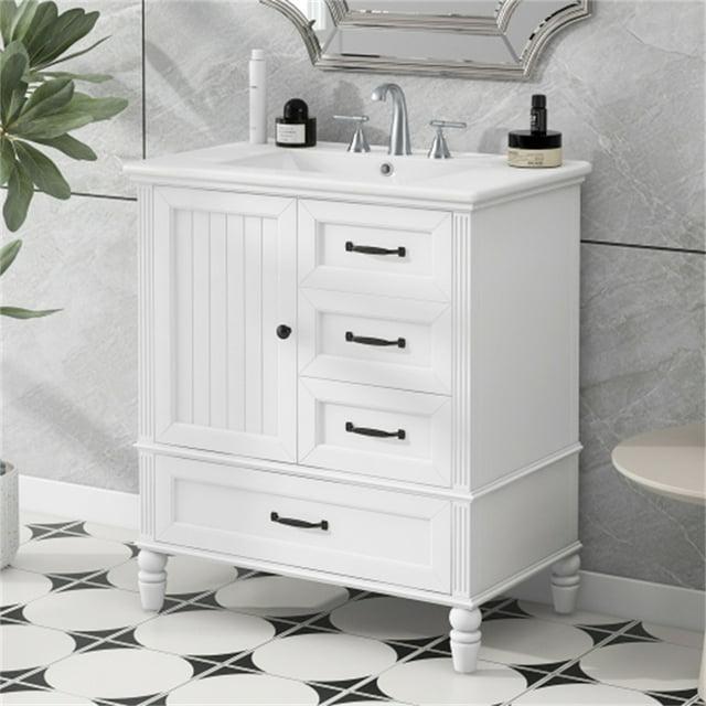 KEAIDO 30" Bathroom Vanity with Sink, Bathroom Storage Cabinet with 3 Drawers and a Door, Freestanding Bathroom Vanity with Solid Wood Legs & MDF Board