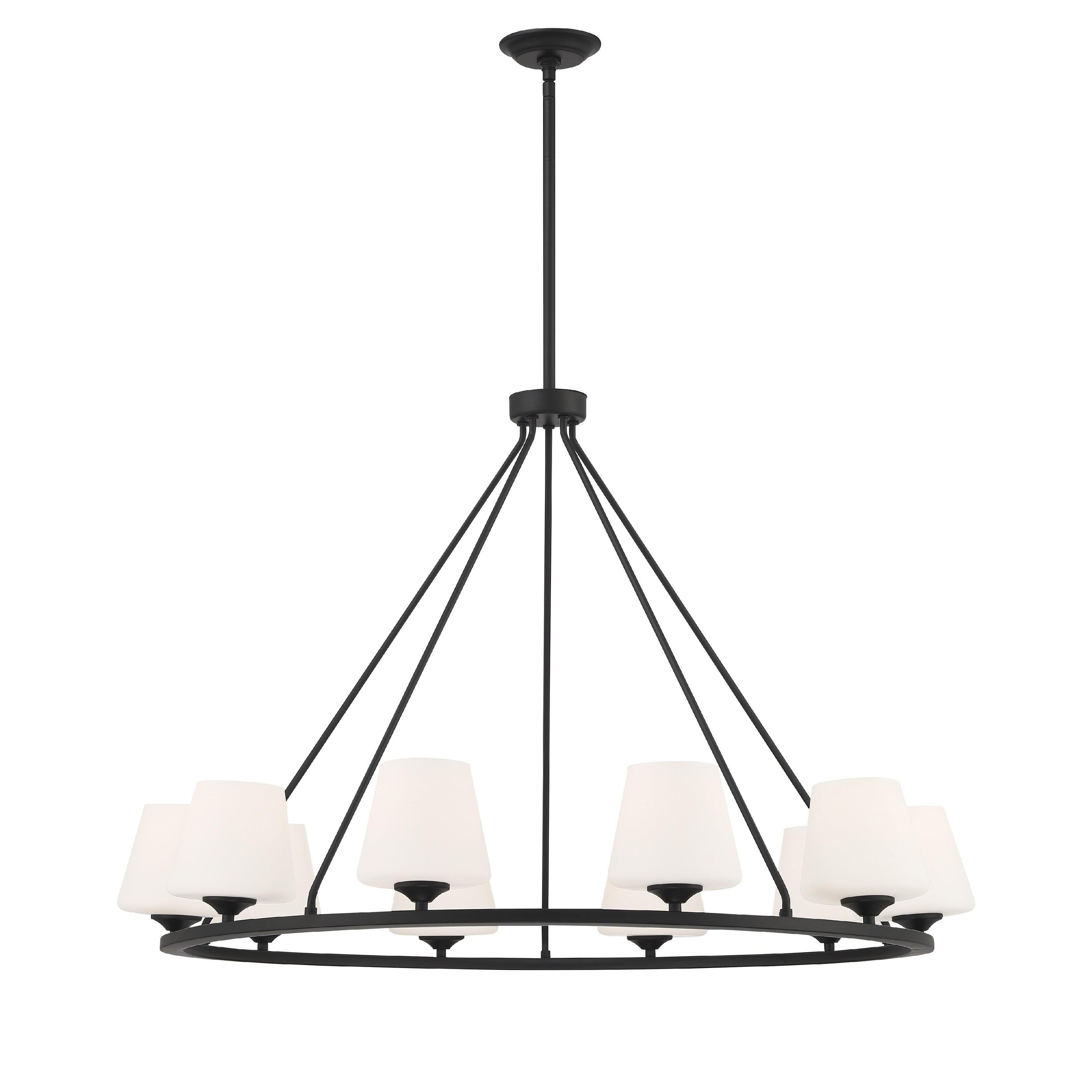 Sleek Minimalist Matte Black 10-Light Chandelier with White Glass Shades