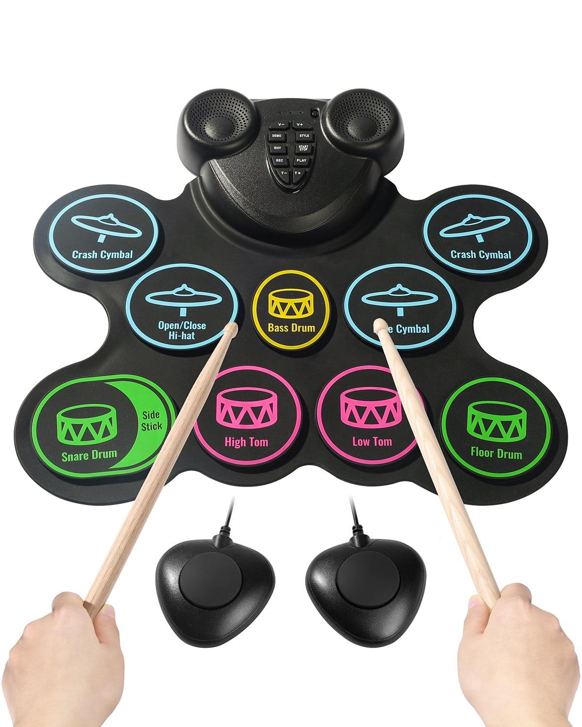 KFFKFF Electronic Drum Kit, Comprising 9 Pads, Compact Roll-up Practice Pad, Digital Drum Set with Headphone Outlet, Twin Pedals, Drum Rods, Integrated Dual Sound Systems, MIDI