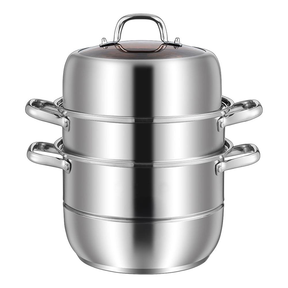 3-Tier Stainless Steel Steamer Pot with Tempered Glass Lid