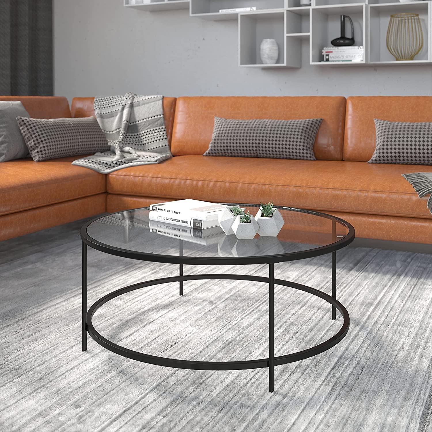 Elegant 35'' Clear Glass Round Coffee Table with Matte Black Frame