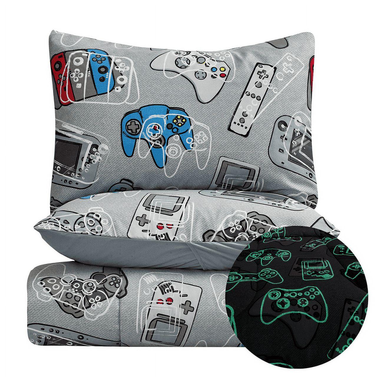 Tadpoles 3-Piece Gamer Glow in The Dark Comforter Set - Game Controllers Print - Full - Blue, Grey