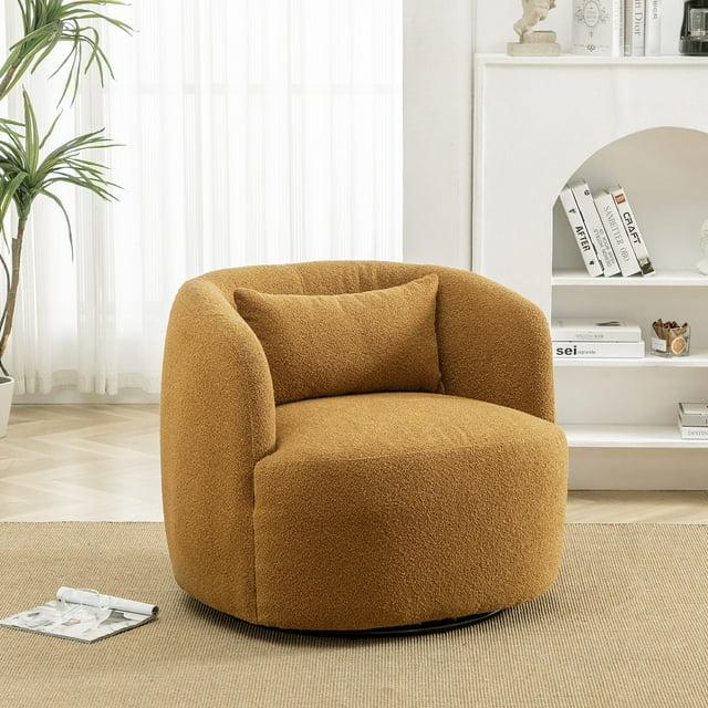 34" Wide Boucle Swivel Barrel Chair, No Assembly Round Upholstered Armchair Accent Chair Single Sofa Chair with Toss Pillow for Living Room and Bedroom, Brown