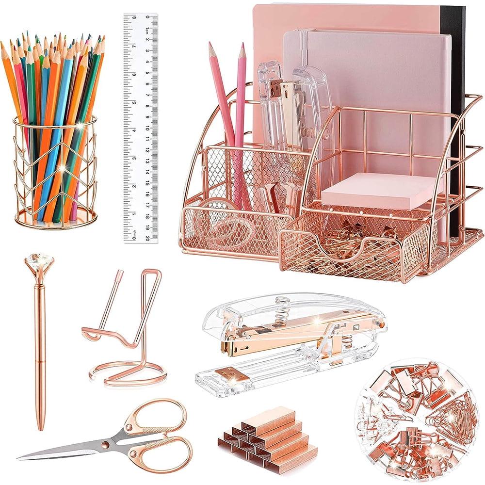 KISPATTI Desk Organizers and Accessories, Rose Gold Office Supplies with Mesh Desk Organizer, Acrylic Stapler, Staples, Ballpoint Pen, Clips Set, Pen Holder, Ruler, Scissor, Phone Holder