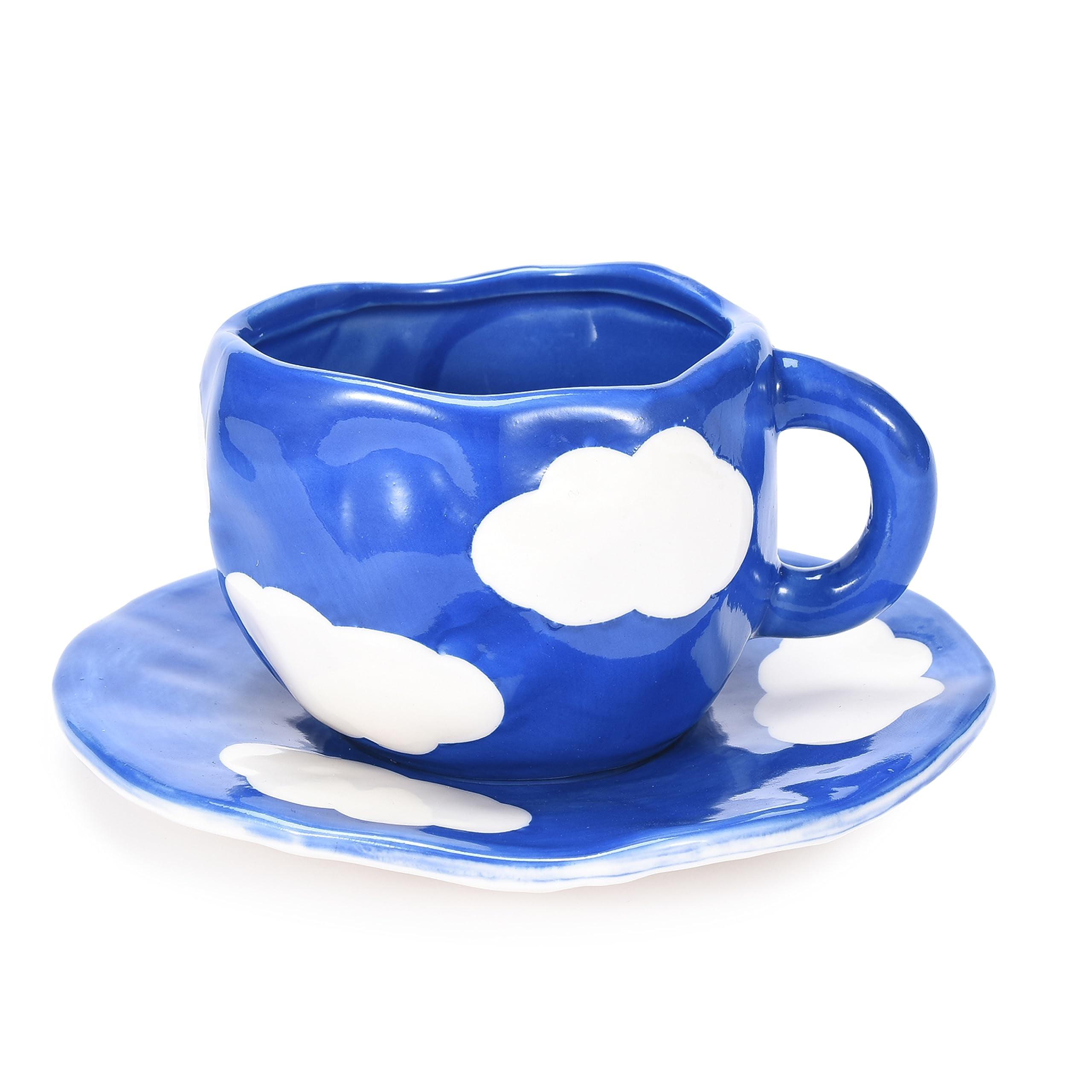 KITCHTIC 10 Oz Japanese Hand Painted Coffee Cup with Saucer - Blue