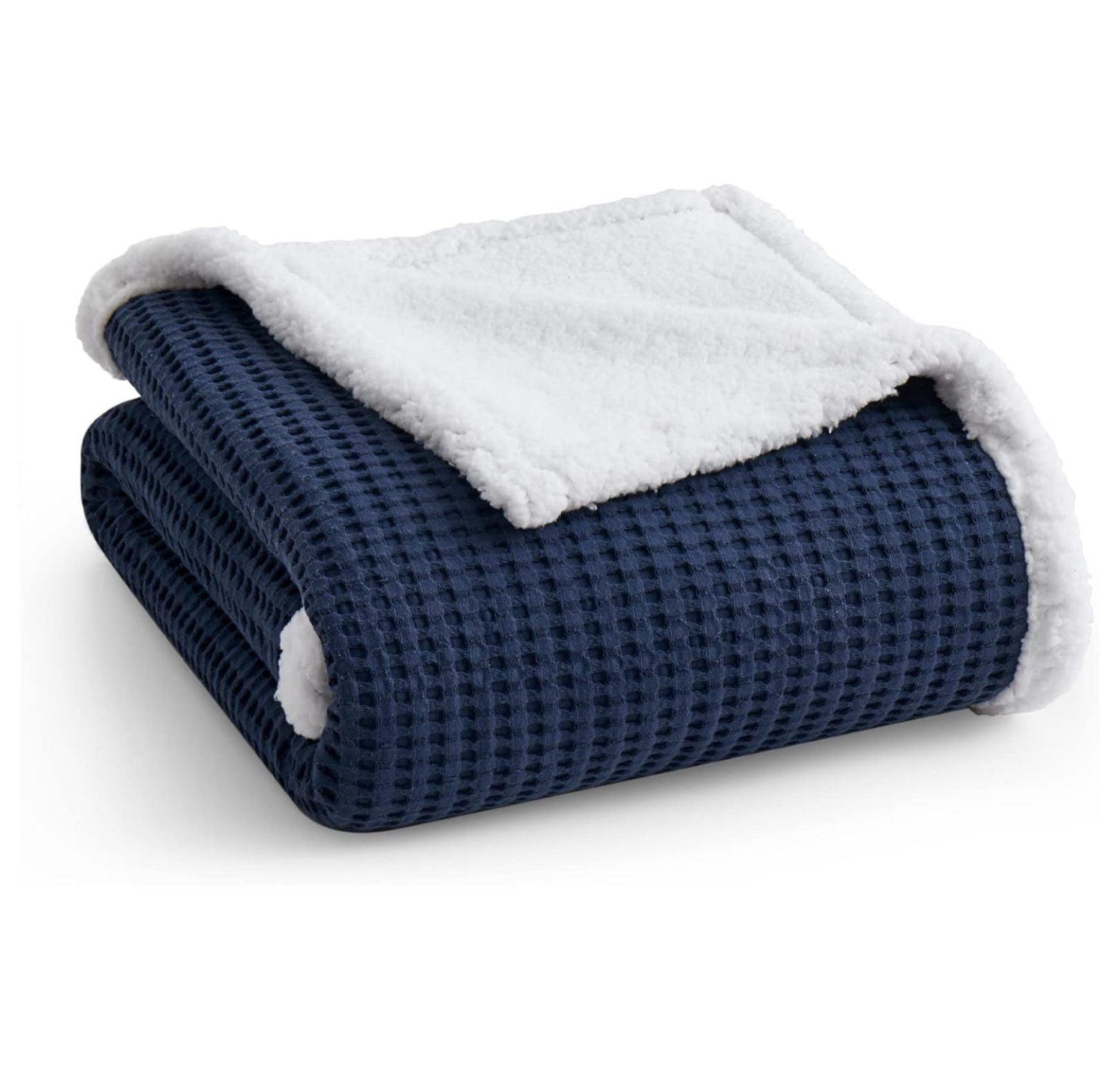 Navy Cotton Waffle-Quilt Reversible Sherpa Throw Set