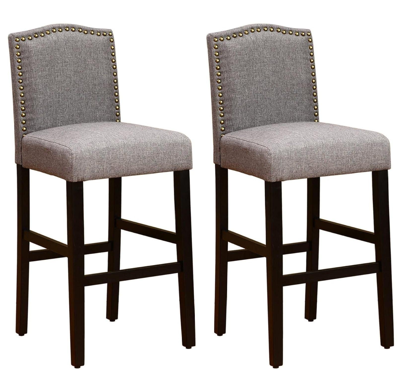 Gray Linen Upholstered Bar Stools with Nailhead Trim, Set of 2