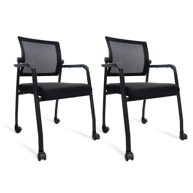 KLASIKA Waiting Room Chairs with Wheels, Adjustable Mesh Backrest, Desk Chair with Ergonomic Lumbar Support and Thickened Seats Cushion, 2 Pack Black