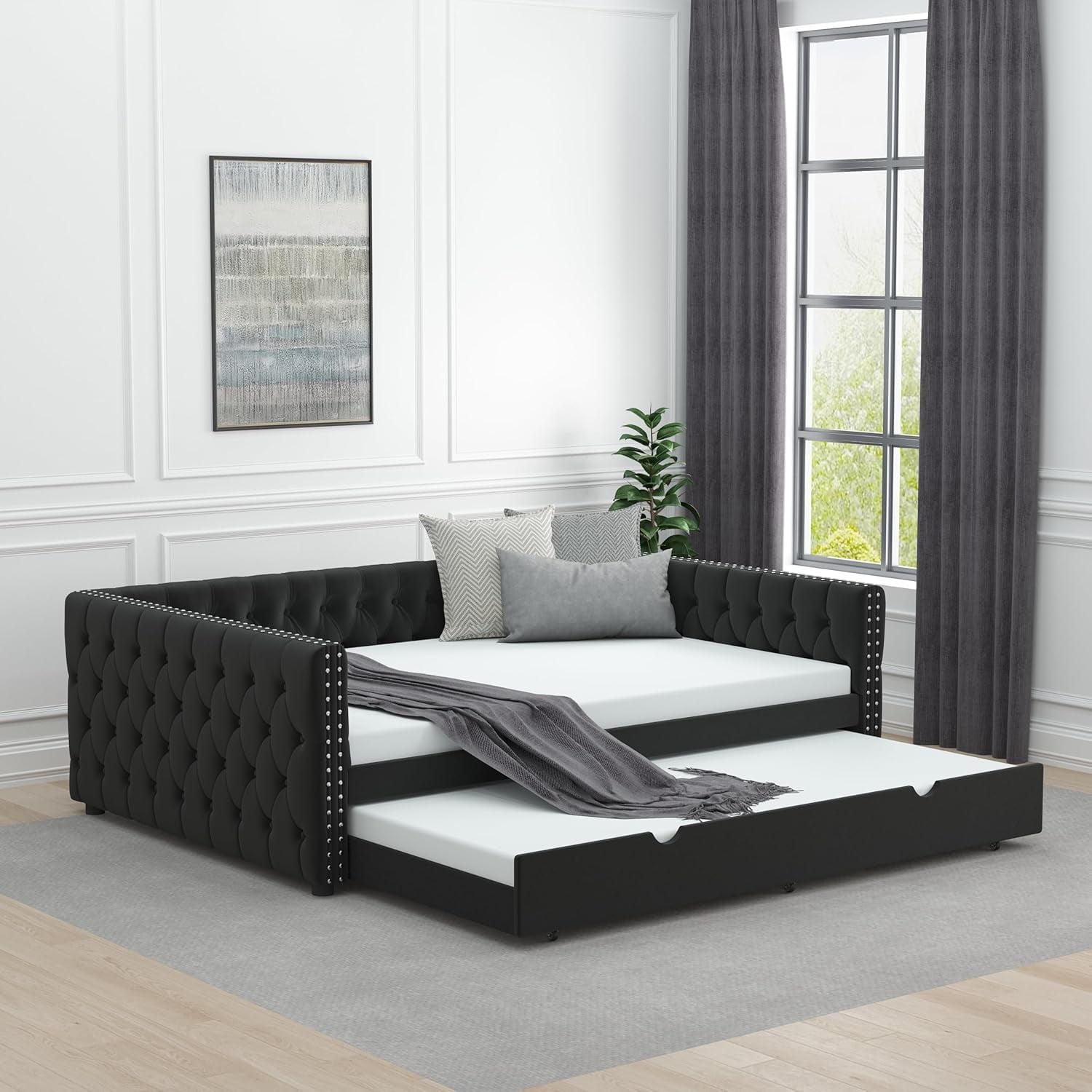 Black Velvet Full Daybed with Twin Trundle and Nailhead Trim