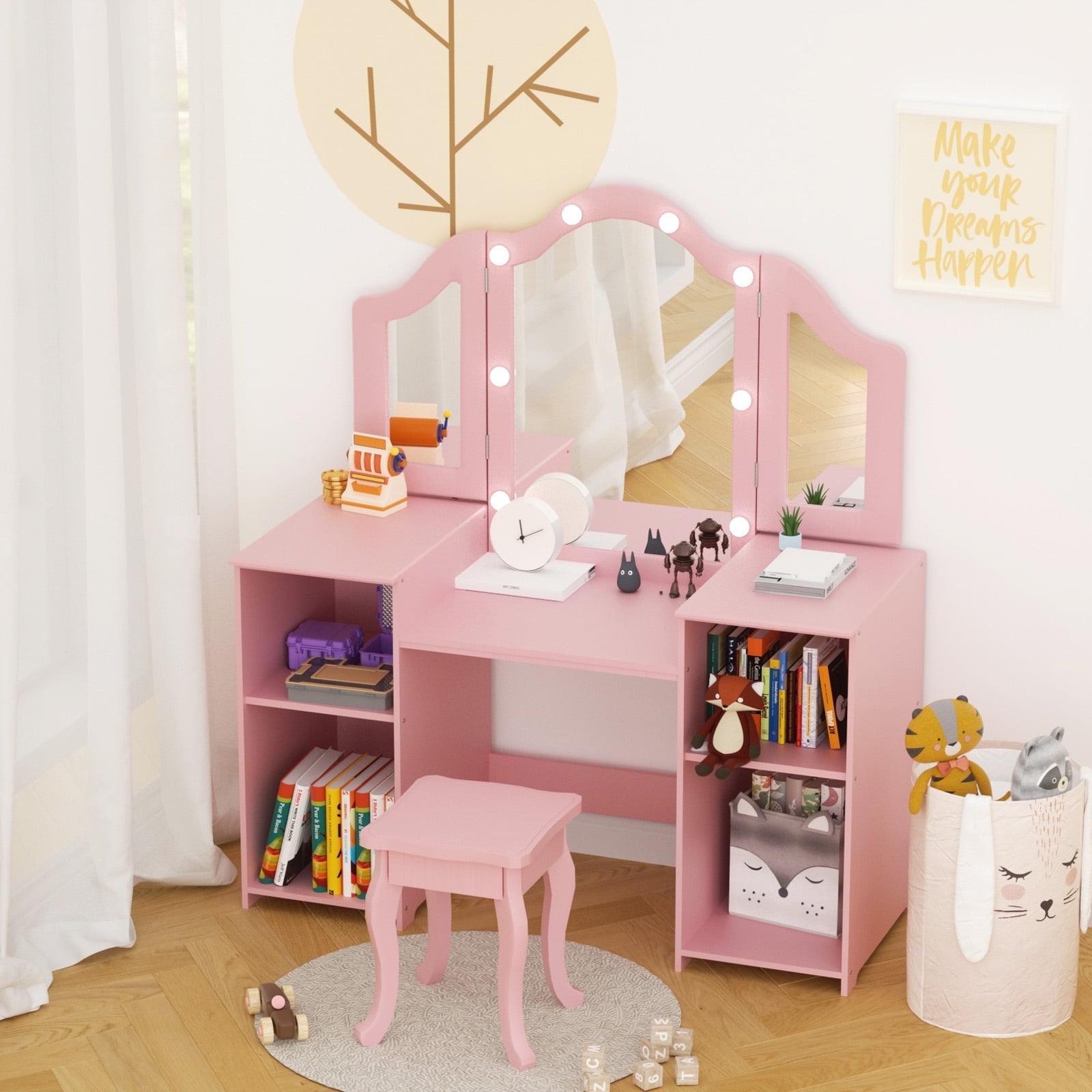 Pink MDF Princess Vanity Table with Tri-Folding Mirror and Chair