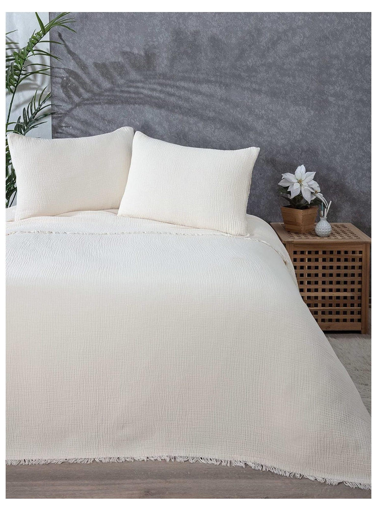 SussexHome Muslin Blanket 4 Layers, Soft Bedspread, 100% Cotton Muslin Bed Cover, Reversible Coverlet, Ivory