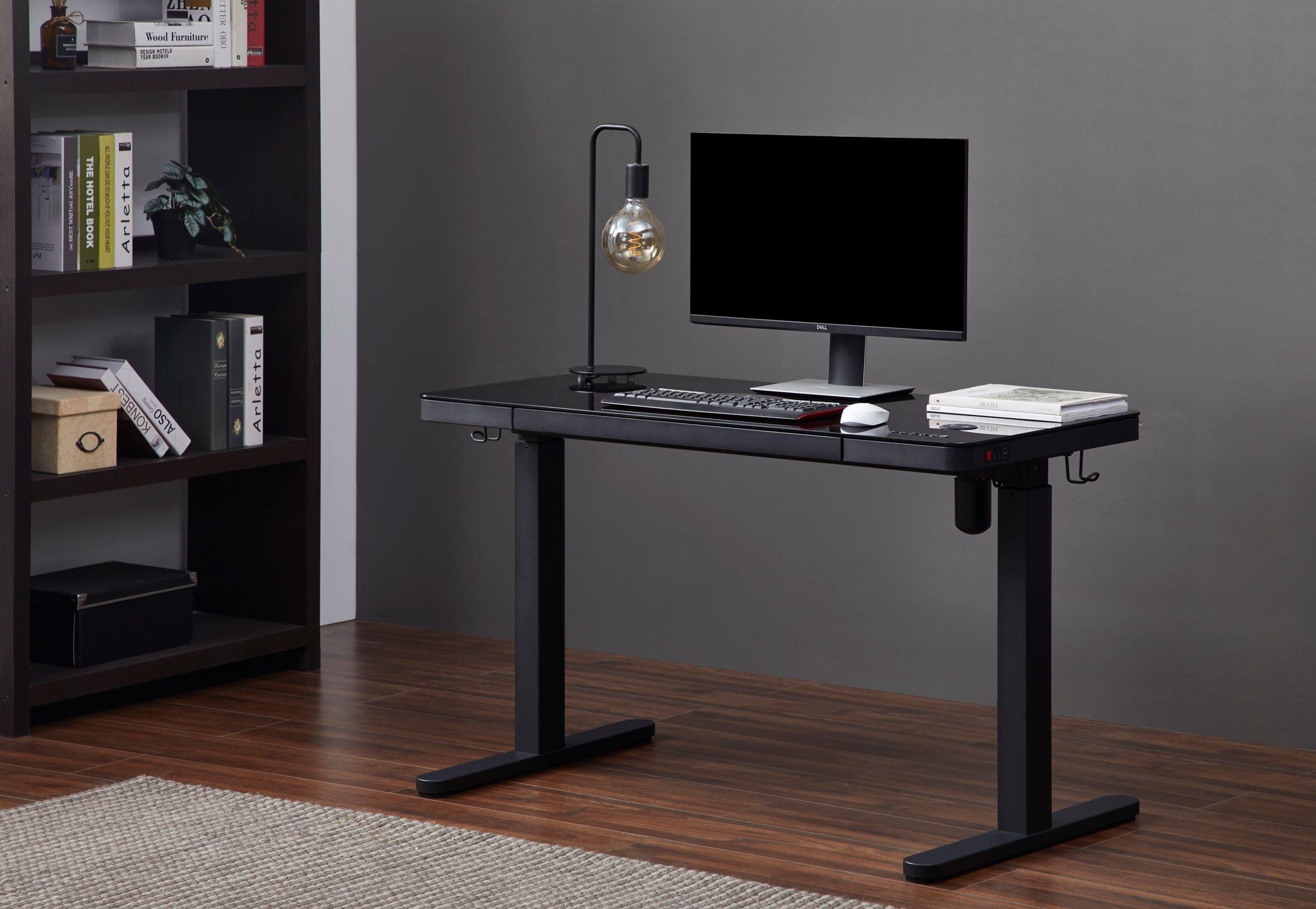 48" Black Glass Electric Height Adjustable Standing Desk with Drawer