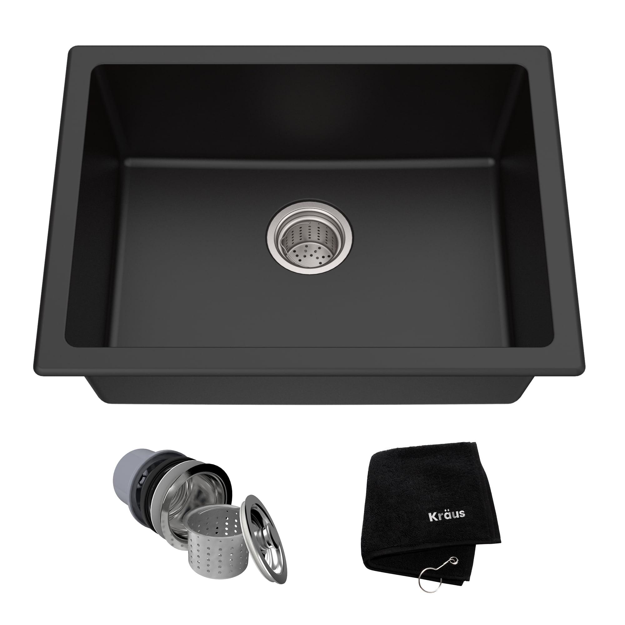 KRAUS 24 inch L Dual Mount Single Bowl Granite Kitchen Sink w/ Topmount and Undermount Installation in Black Onyx