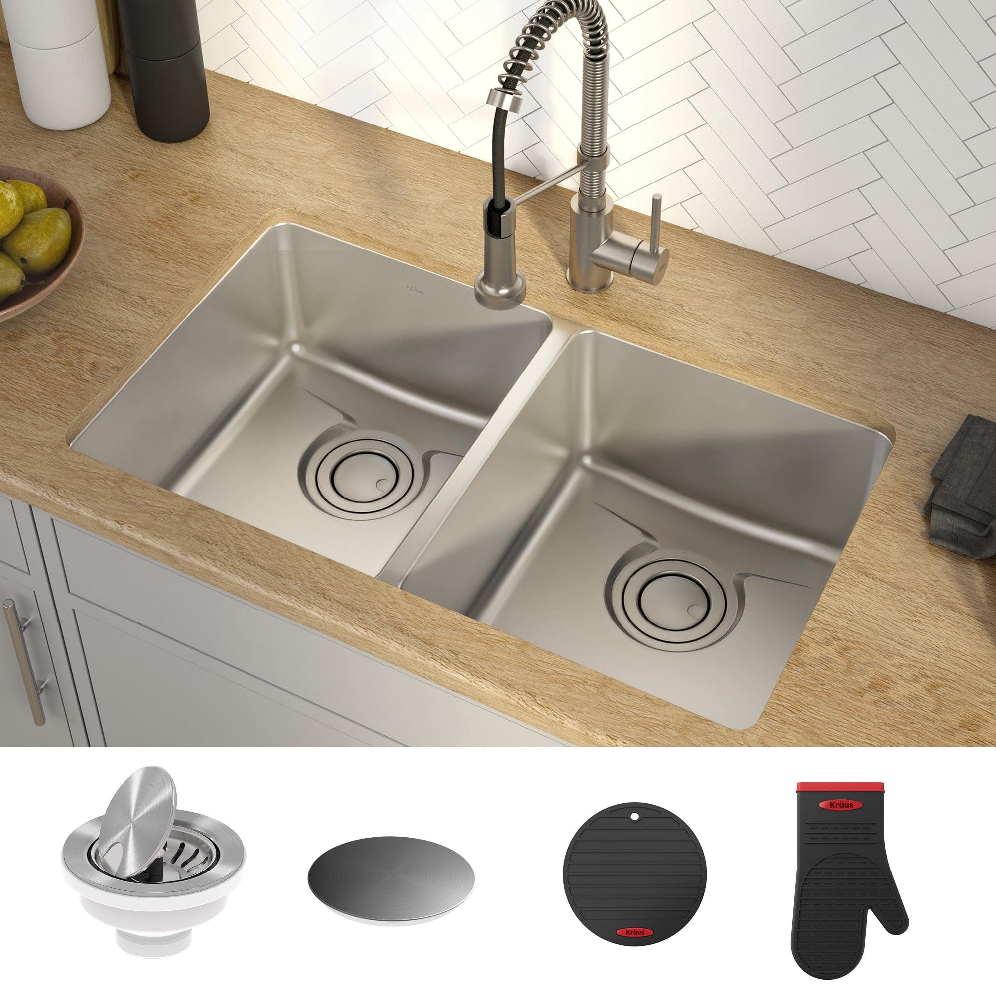 Dex™️ Series KRAUS 33-inch L Undermount 50/50 Double Bowl TRU16 Gauge Stainless Steel Kitchen Sink with DrainAssure WaterWay