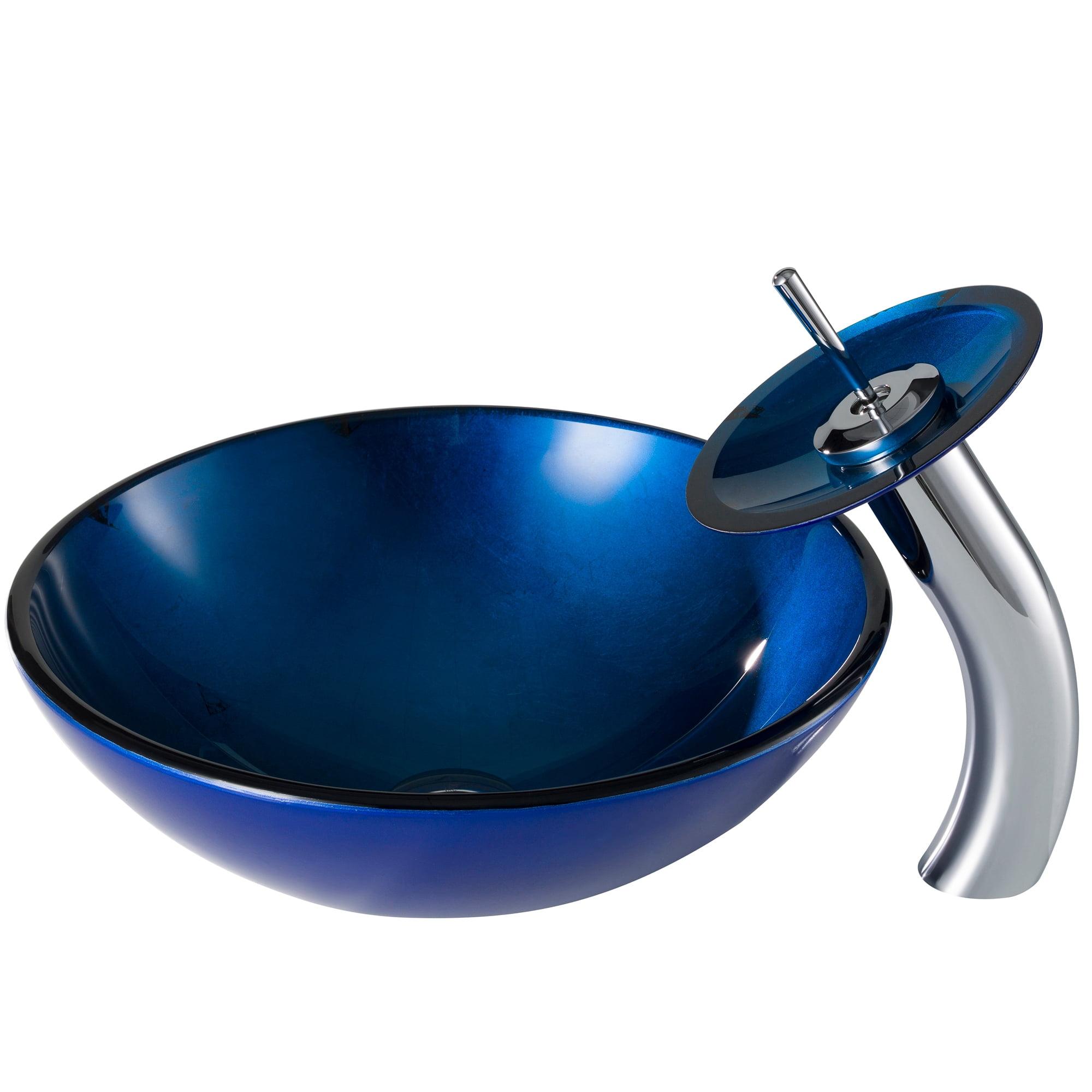 Blue Glass Circular Vessel Sink with Chrome Faucet