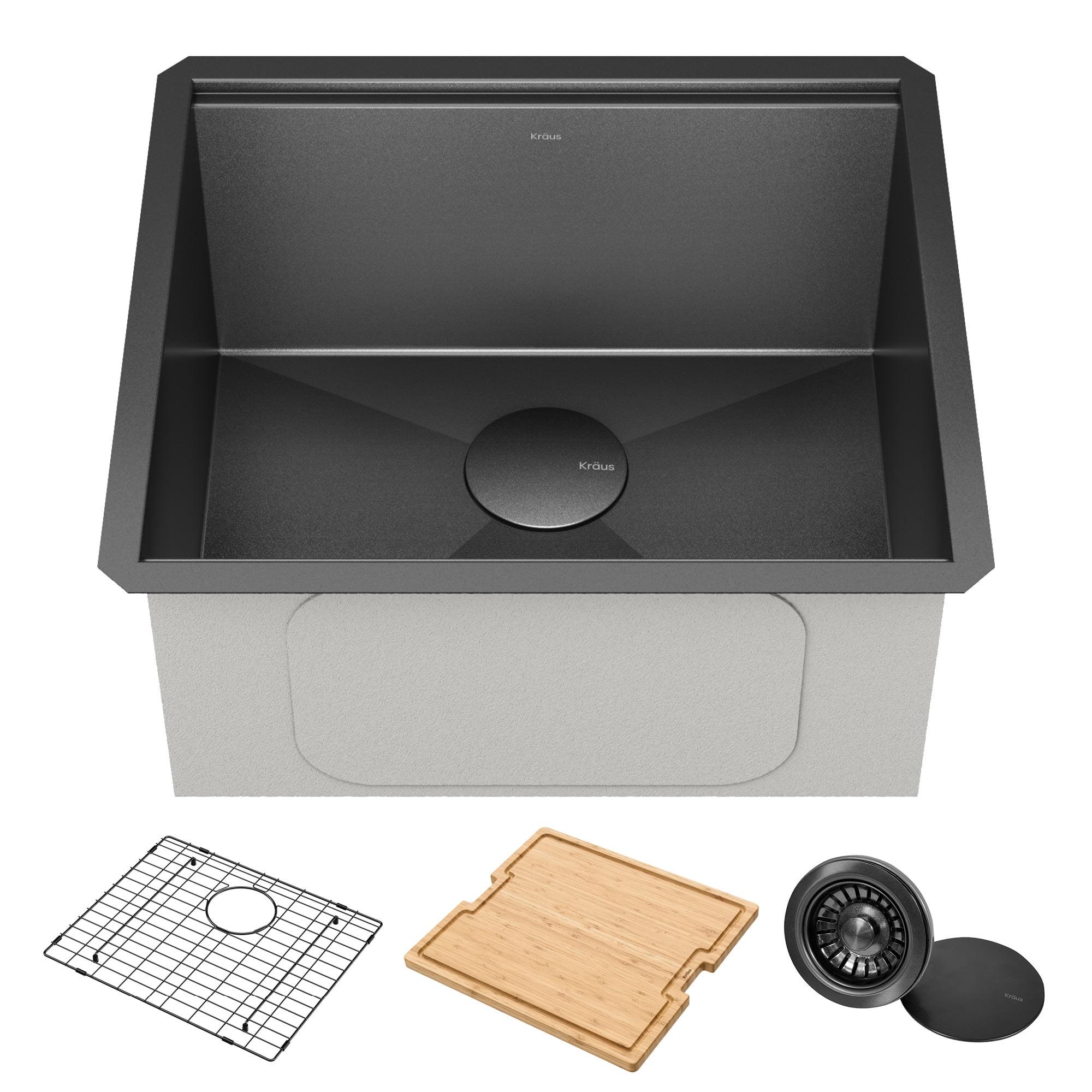 KRAUS Kore 21 Undermount Workstation 16 Gauge Black Stainless Steel Single Bowl Kitchen Sink in PVD Gunmetal Finish with Accessories