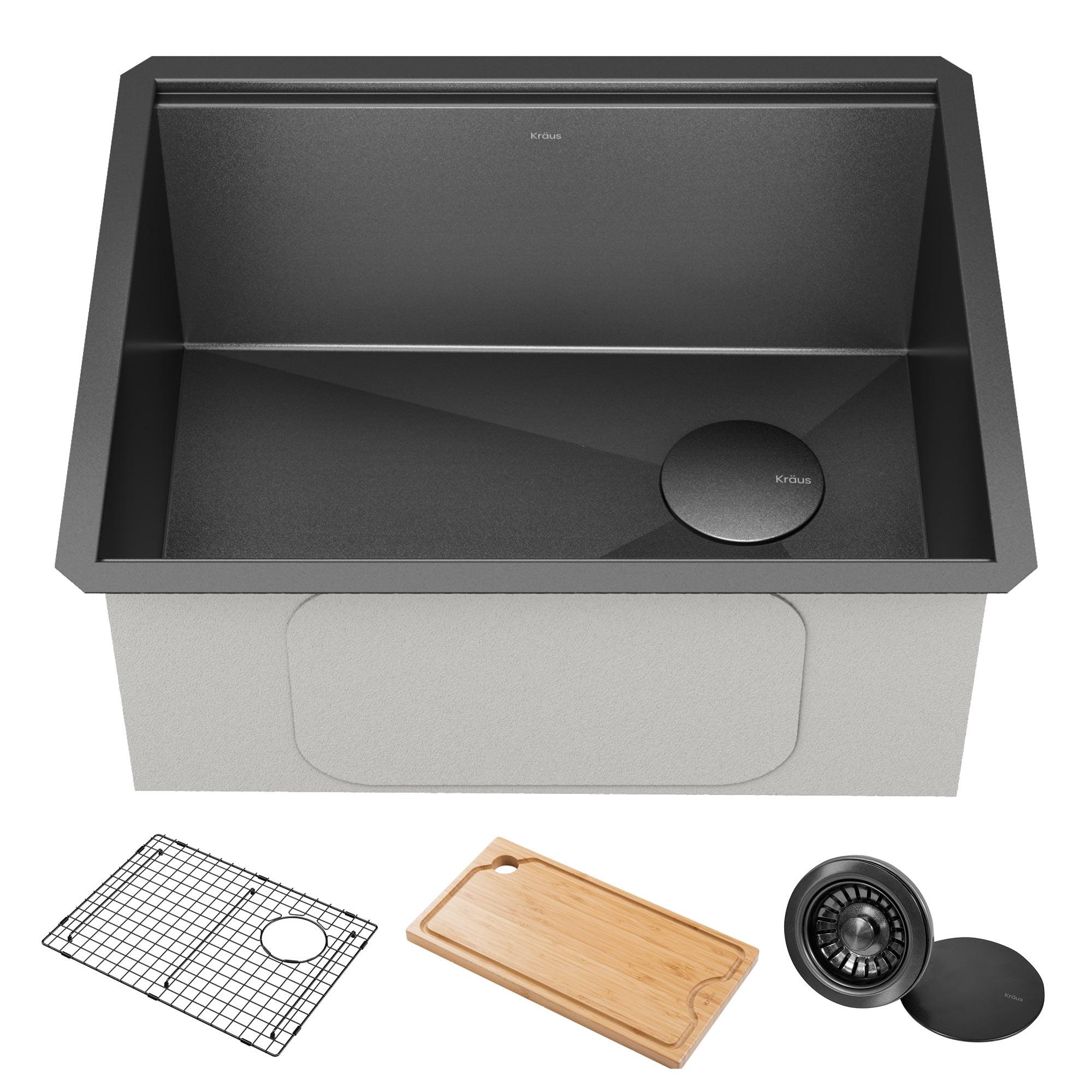 KRAUS Kore™ Undermount Workstation 16 Gauge Black Stainless Steel Single Bowl Kitchen Sink in PVD Gunmetal Finish