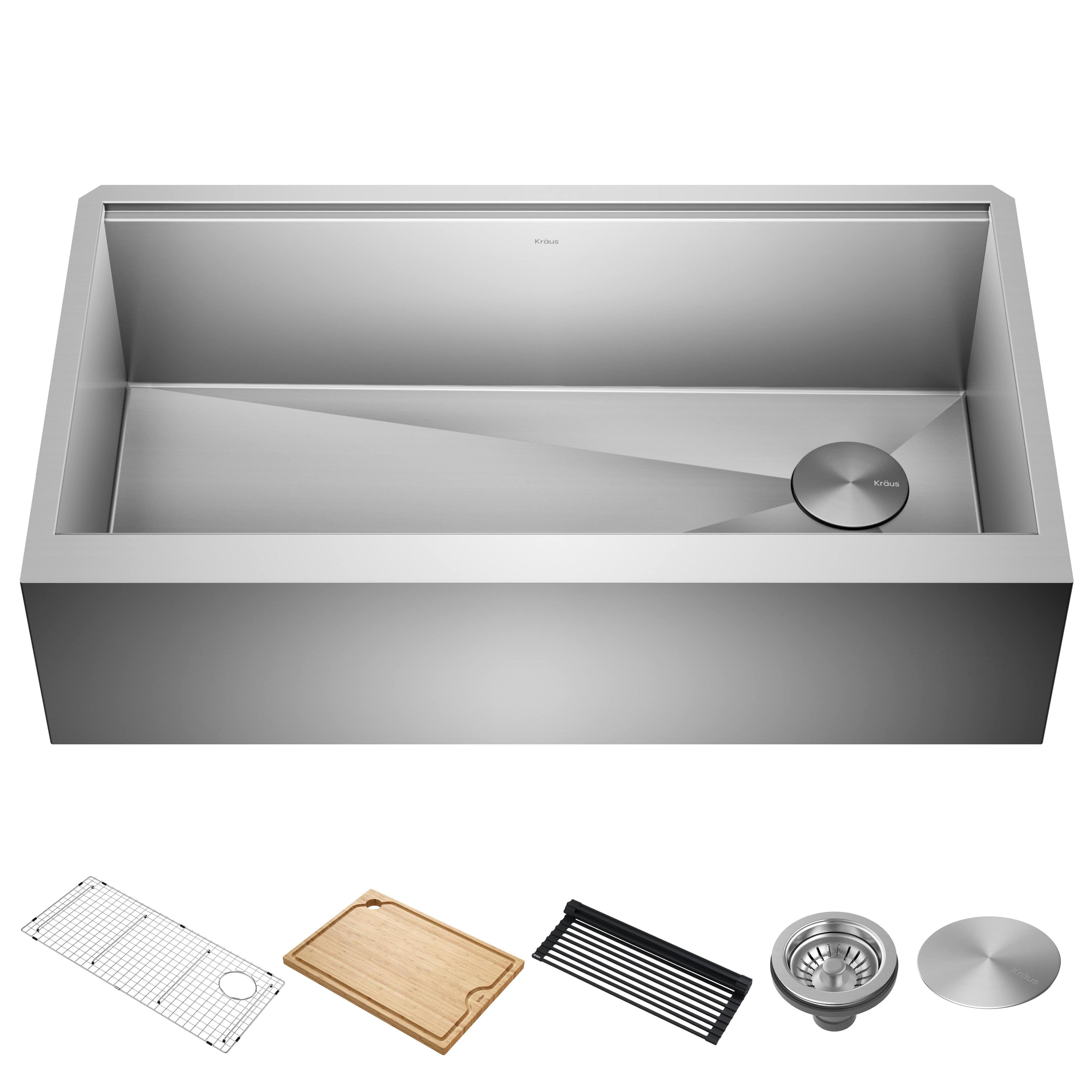 KRAUS Kore™ Workstation 36-inch L Farmhouse Flat Apron Front 16 Gauge Single Bowl Stainless Steel Kitchen Sink