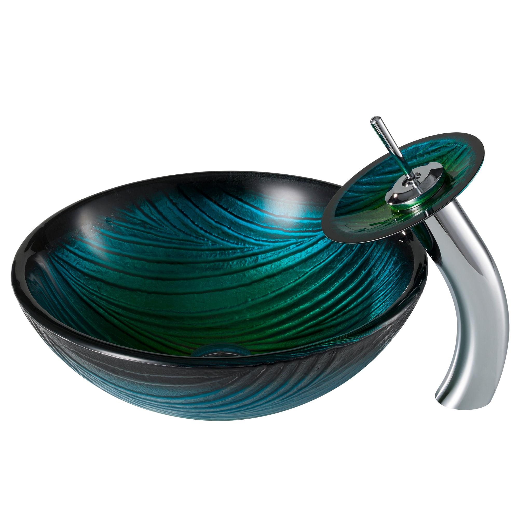 Kraus Nei Glass Bathroom Vessel Sink and Waterfall Faucet Set with Pop-Up Drain