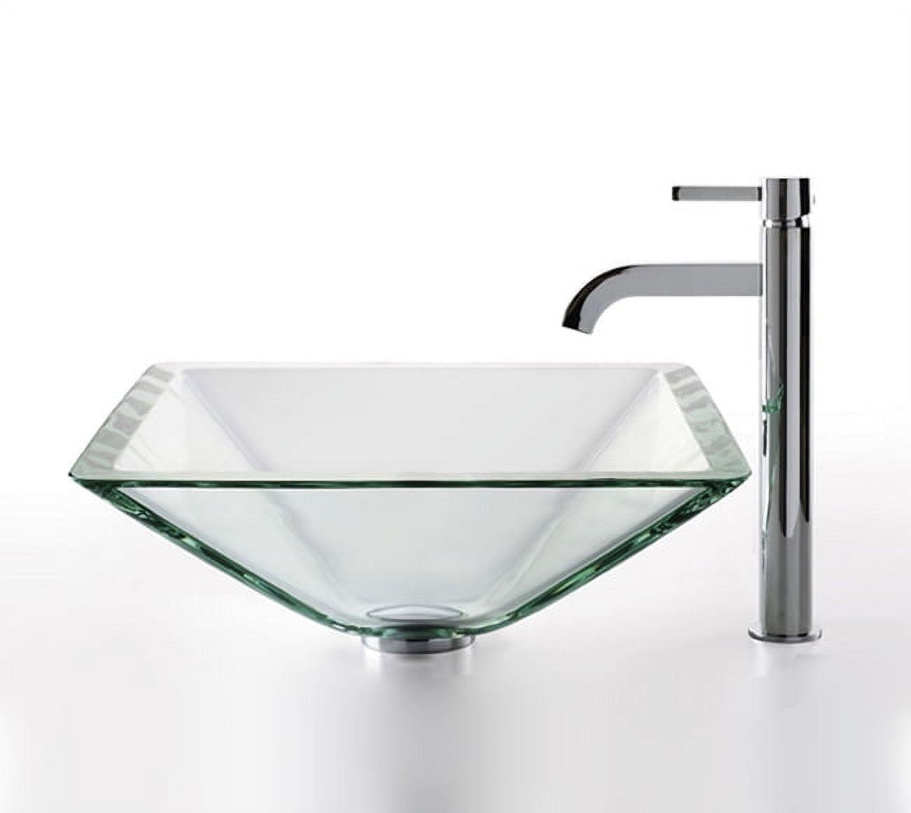 Clear Glass Square Vessel Sink with Chrome Faucet