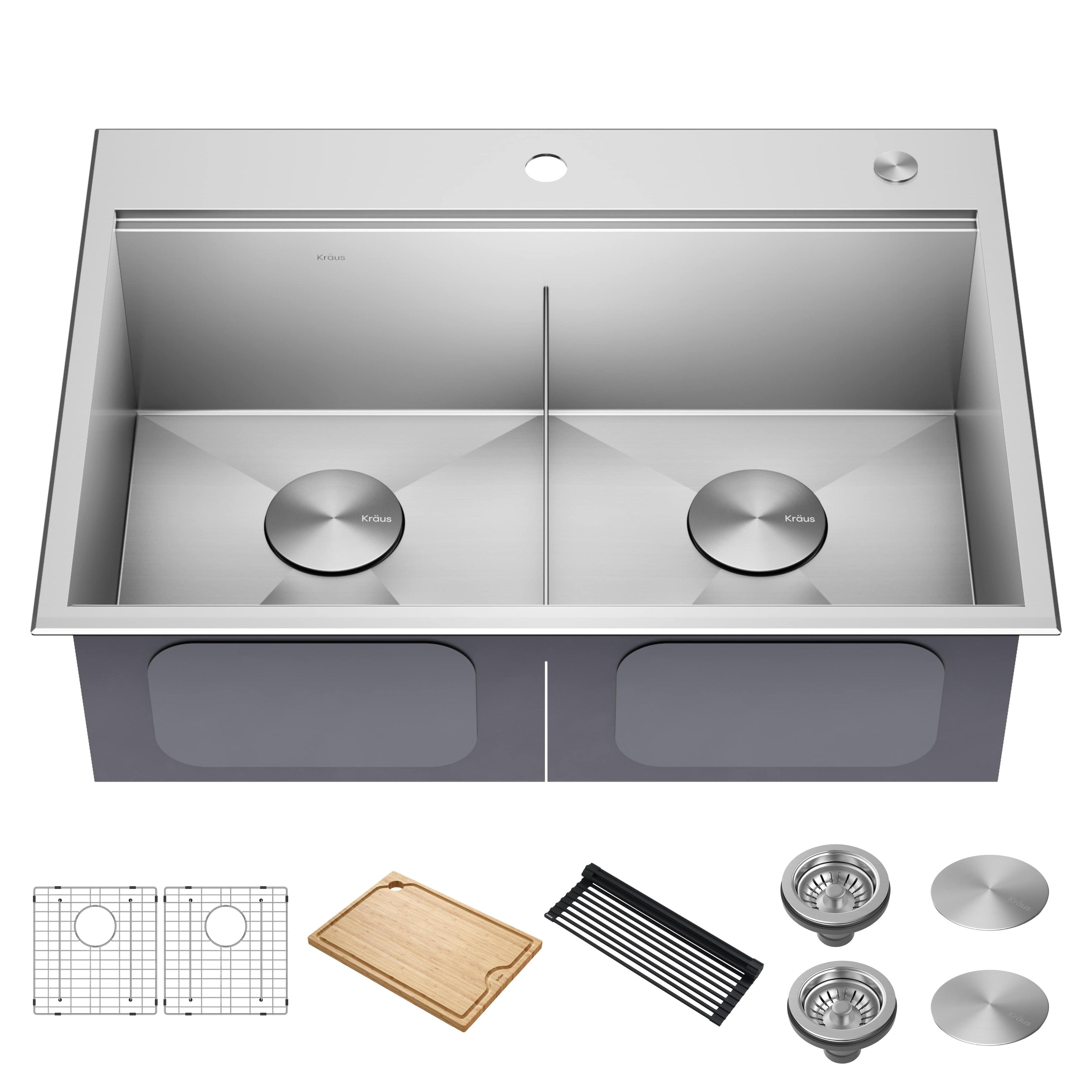 KRAUS Kore™ 30" L Drop-In Workstation 16 Gauge Stainless Steel Double Bowl Kitchen Sink with Accessories