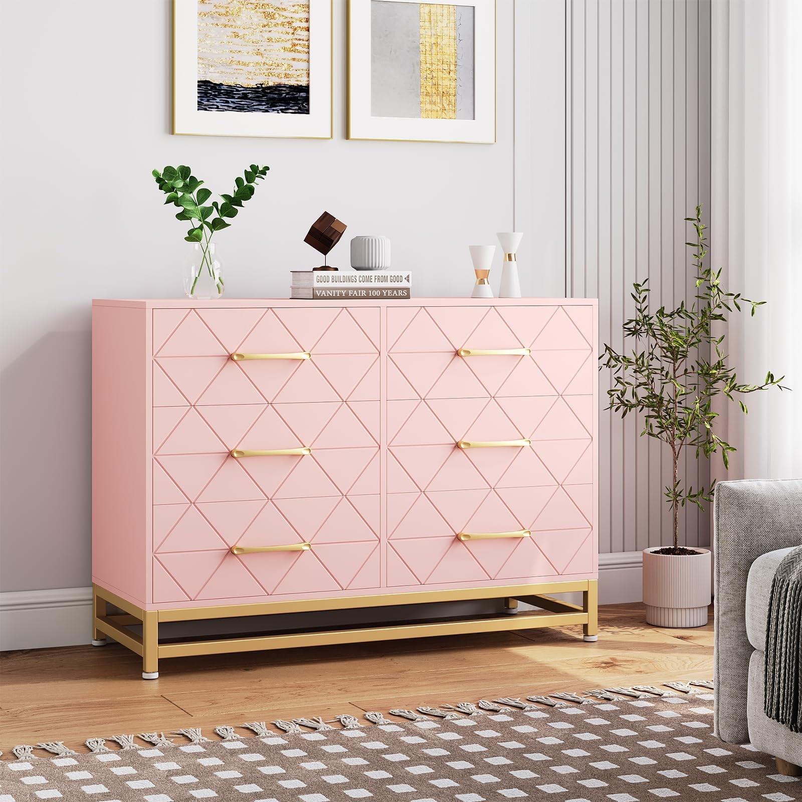 Pink 6-Drawer Modern Dresser with Gold Metal Base