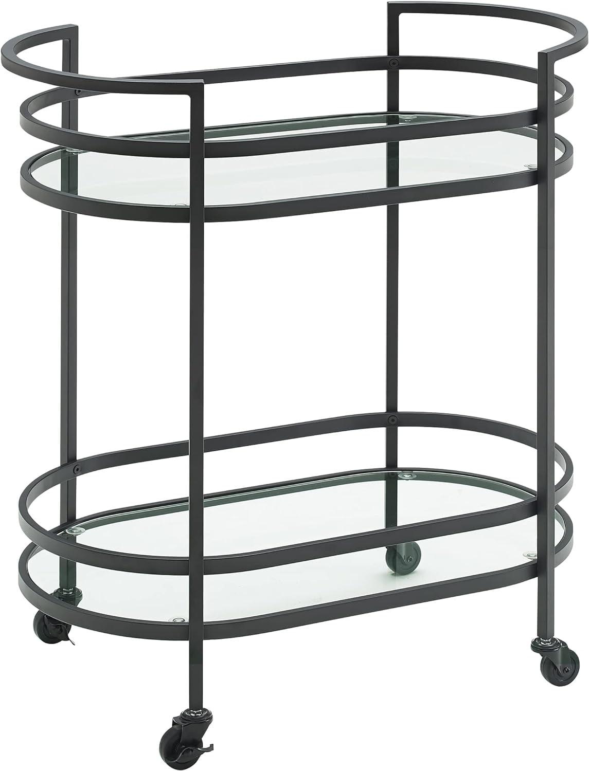 Minimalist Oval Steel Bar Cart with Tempered Glass Shelves in Matte Black