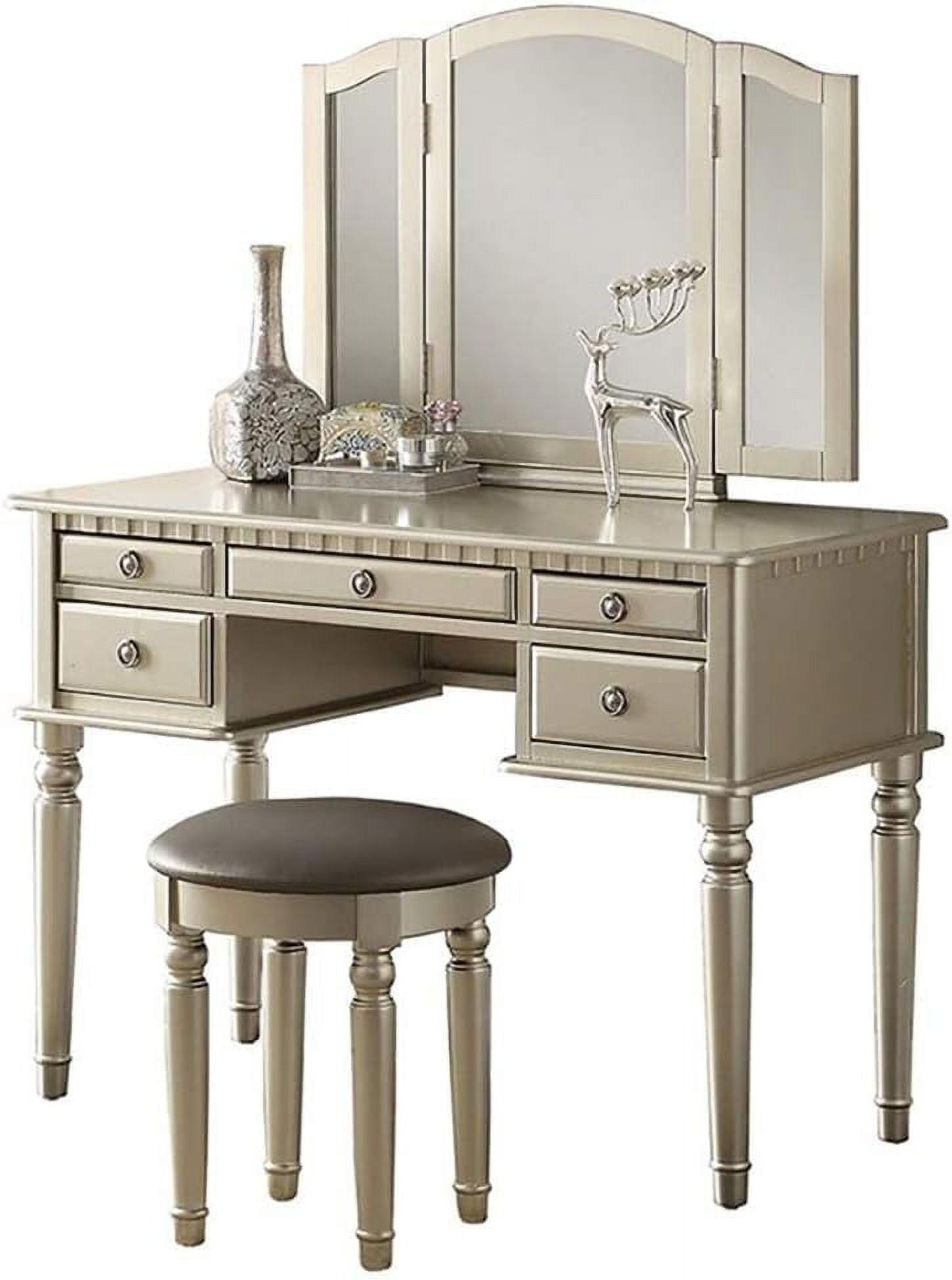 Elegant Silver Vanity Set with Plush Stool and Foldout Mirror