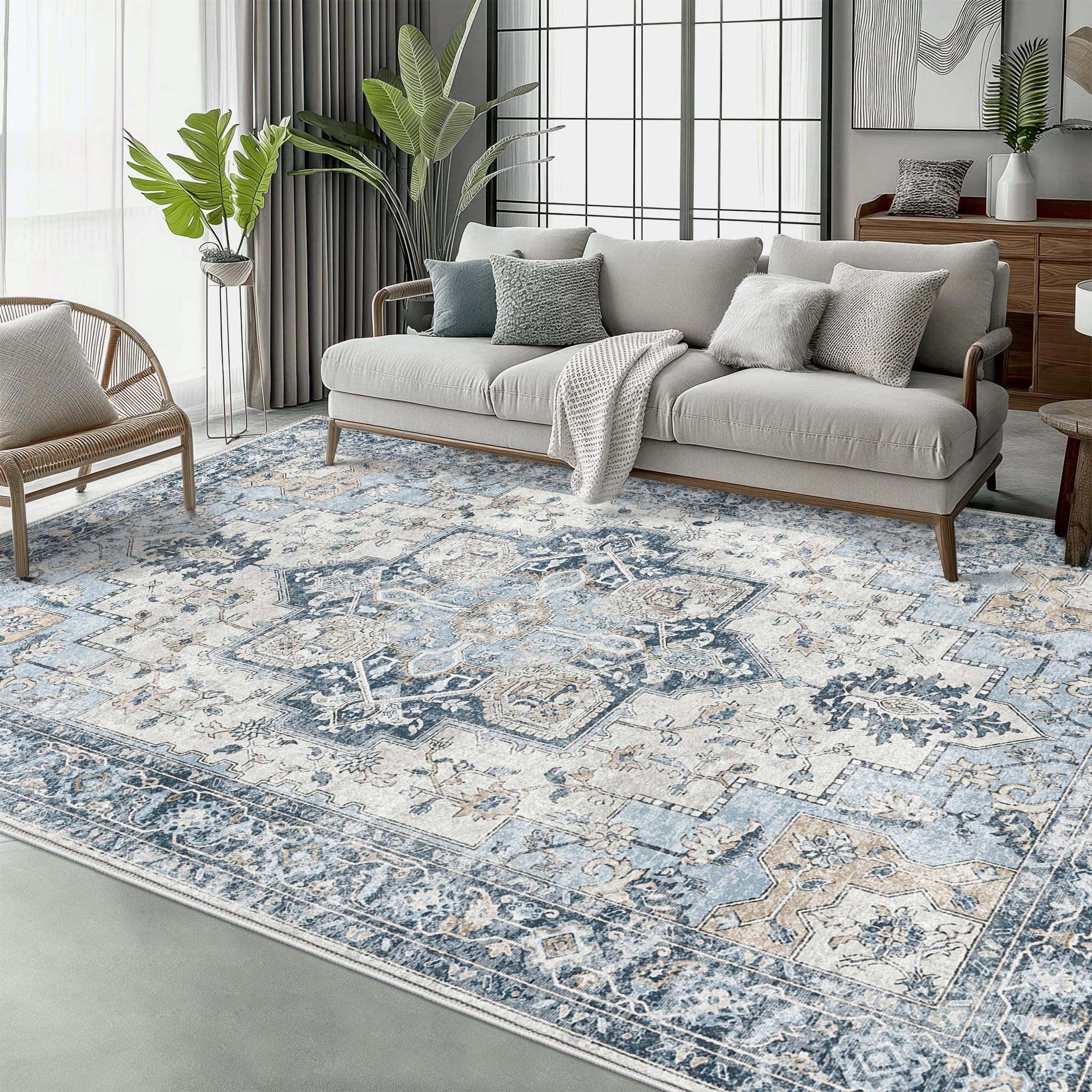 Blue and Beige Diamond Chenille 9' x 12' Washable Area Rug