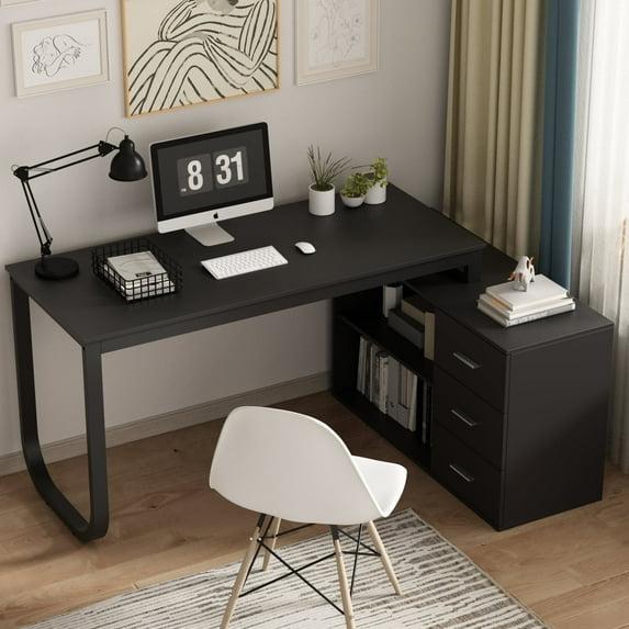 KULAGAGA L Shaped Computer Desk Corner Writing Workstation Table with Cabinet Drawer Storage for Home Office Study, Black