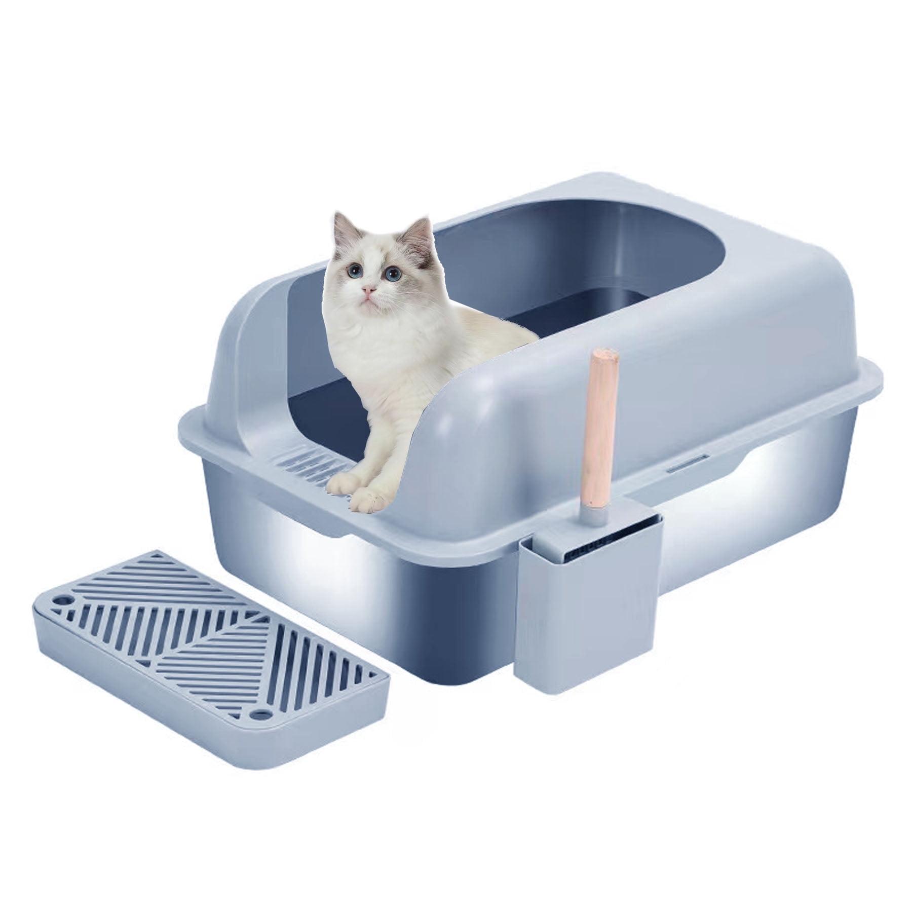 KUNWU Stainless Steel Semi-closed Cat Litter Box 24"x 16"x 12" with Enclosure Lid, Scoop and Step, Easy Clean, Never Absorbs Odor