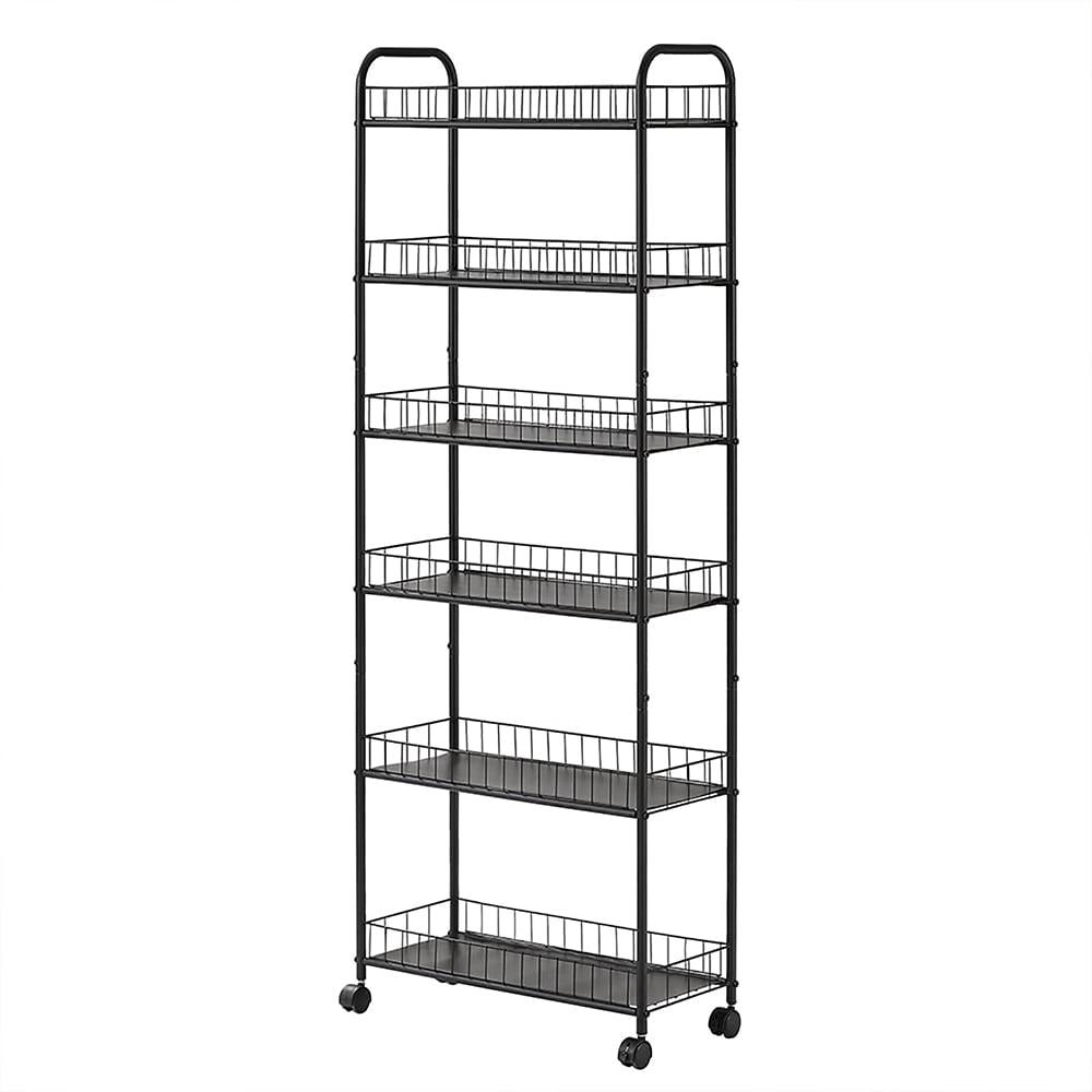 Black Metal 6-Tier Slim Rolling Storage Cart with Lockable Wheels