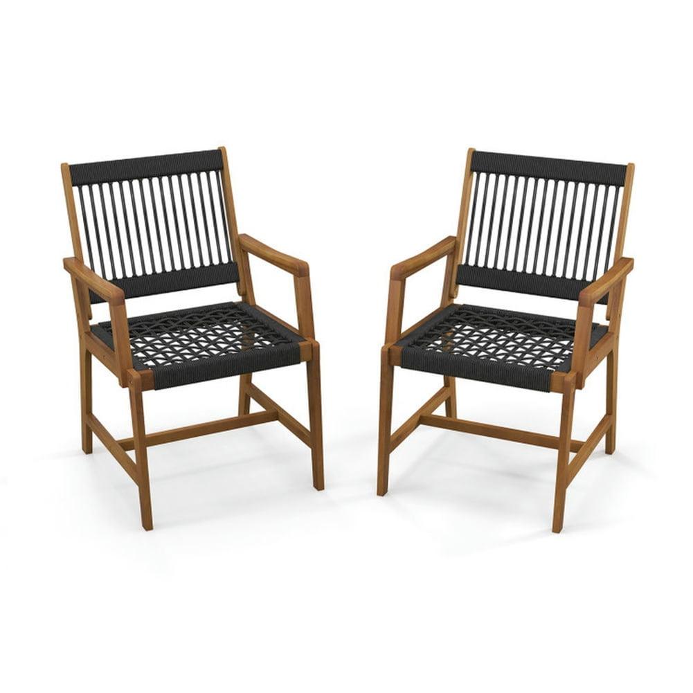 Costway Patio 2pcs Acacia Wood Dining Chairs All-Weather Rope Woven Armchairs Outdoor