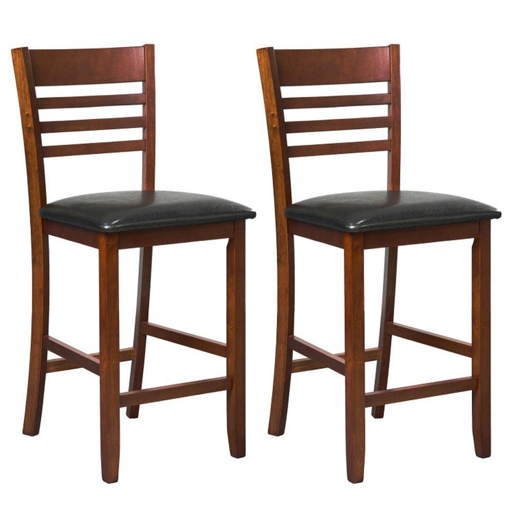 Walnut and Brown PU Leather Counter Height Bar Stools, Set of 2