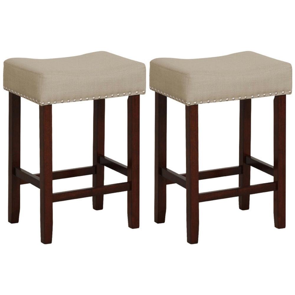 Costway Set of 2 Bar Stools Counter Height Saddle Kitchen Chairs with Wooden Legs Beige