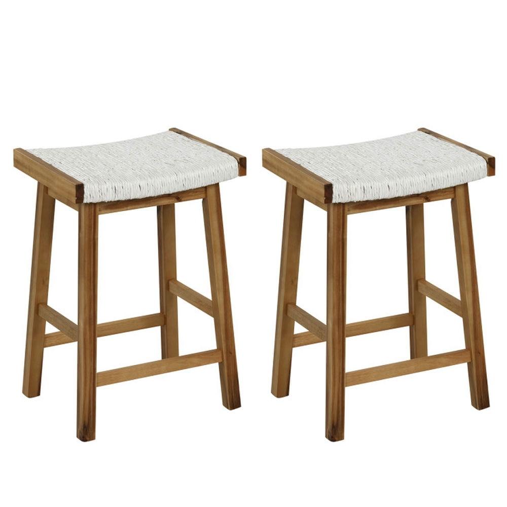 Natural Acacia Wood Bar Stools with Seaweed Woven Seat, Set of 2