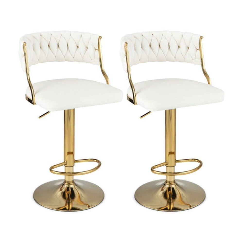 White Velvet Adjustable Swivel Bar Stools with Gold Base, Set of 2