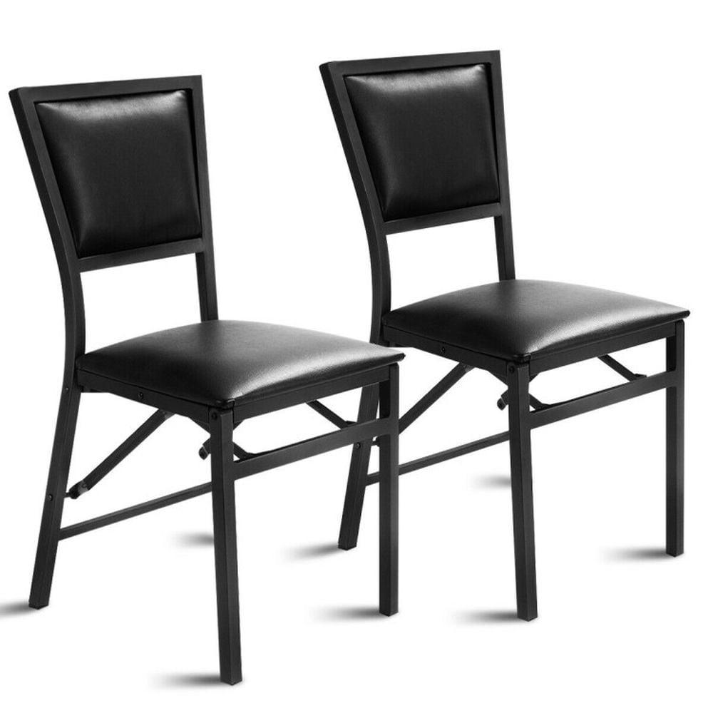 Black PU Leather Upholstered Metal Folding Side Chairs, Set of 2