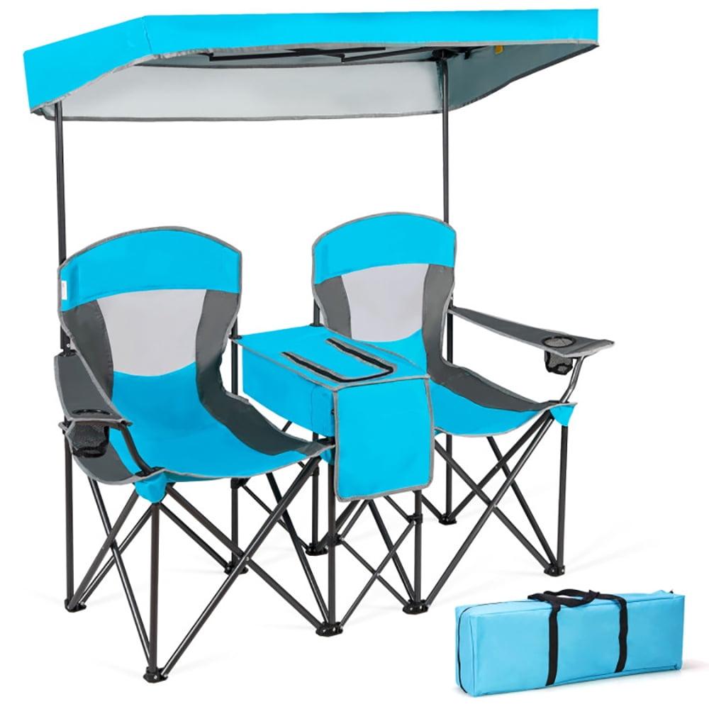 Spaco Portable Camping Chair with Umbrella and Back, Outdoor Folding Beach Canopy Chair with Cup Holder, Blue